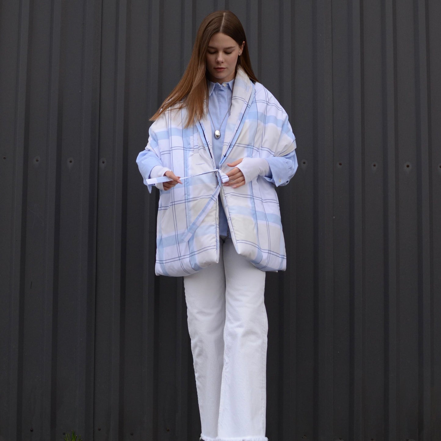 Light blue check Down vest with detachable hood