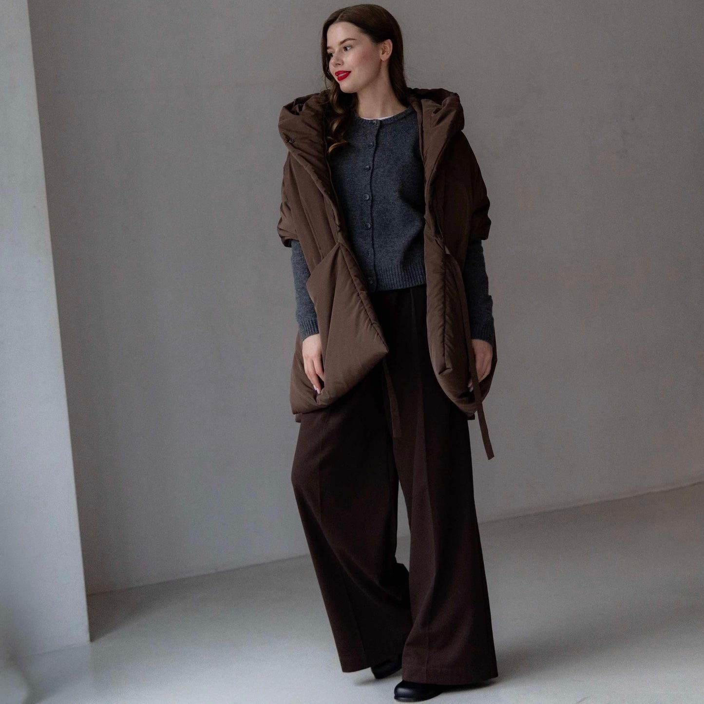 Chocolate Down vest with detachable hood