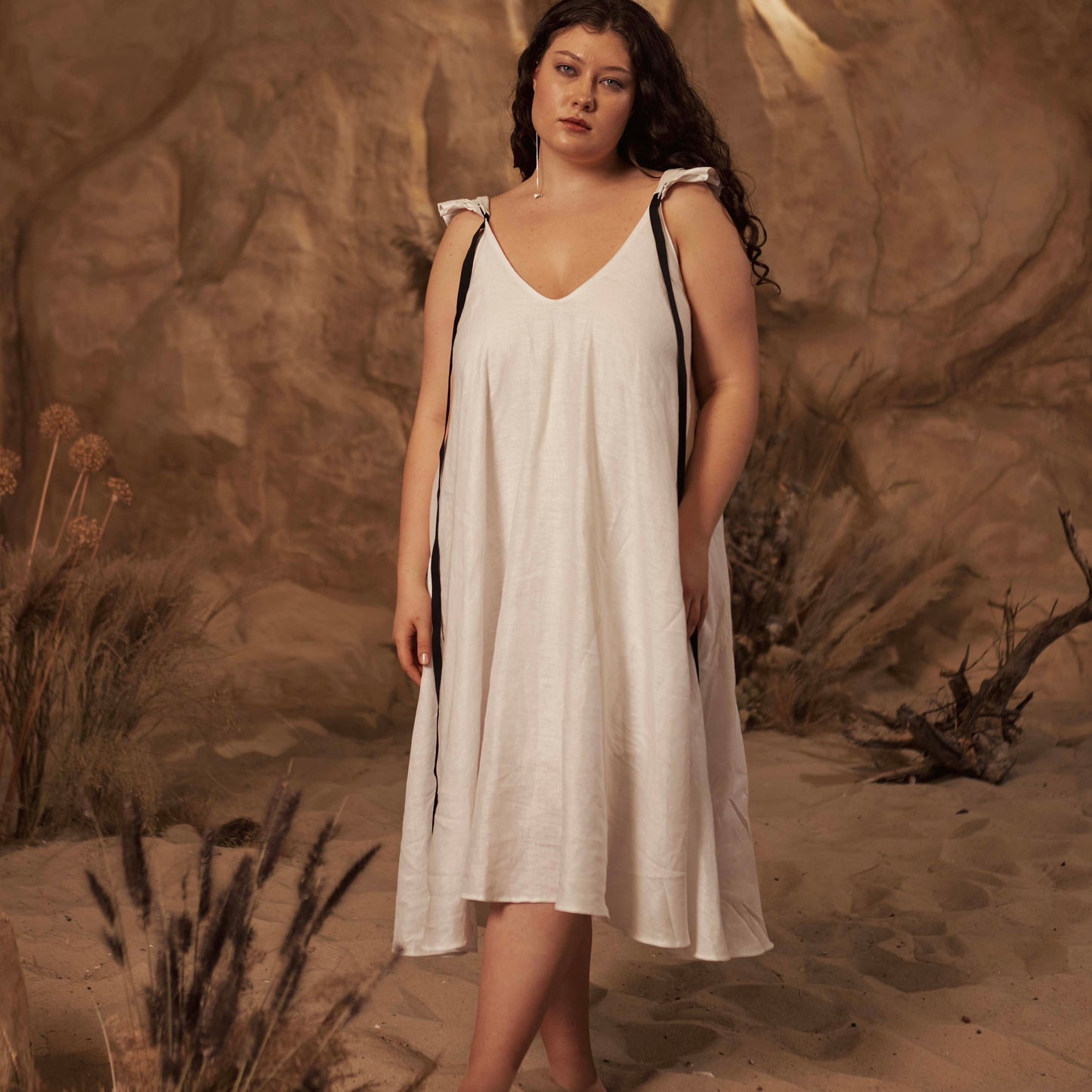 Dress with ribbons in organic linen