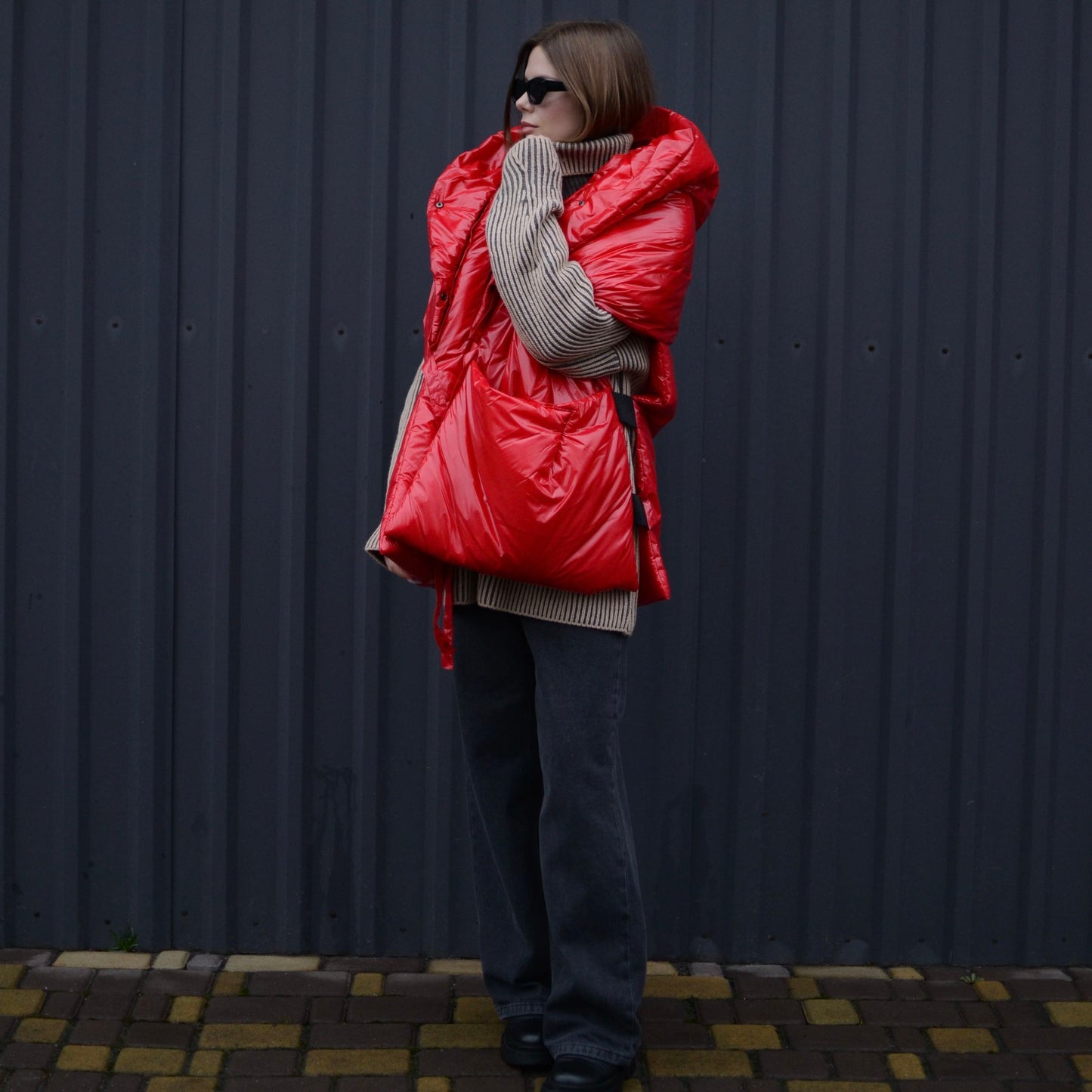 Red Down vest «RougeLove» with detachable hood