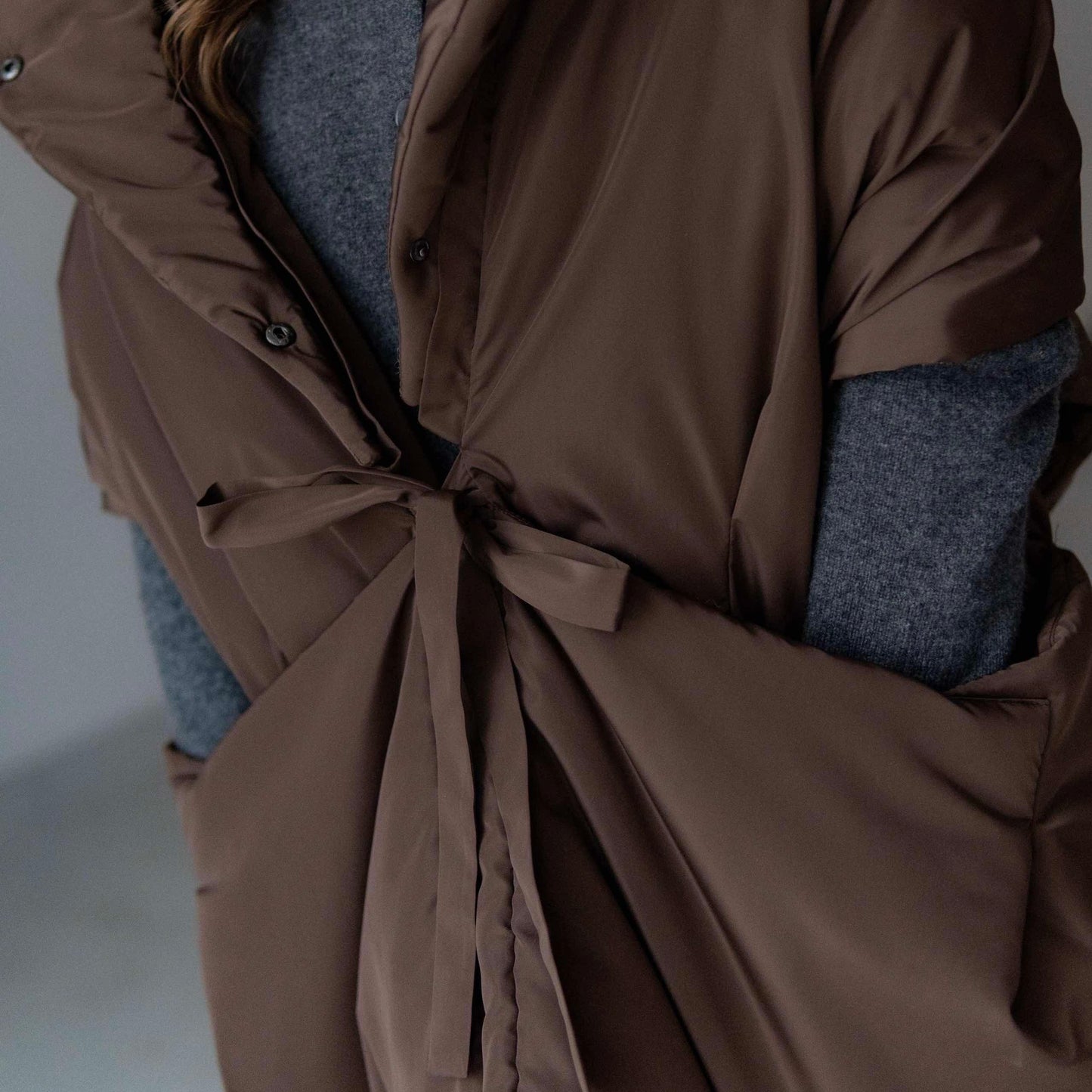 Chocolate Down vest with detachable hood