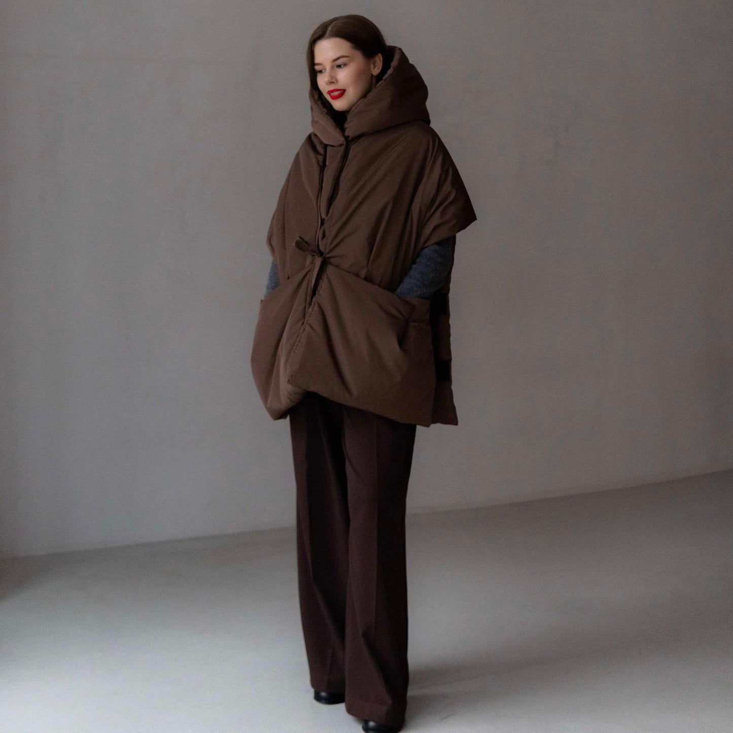 Chocolate Down vest with detachable hood