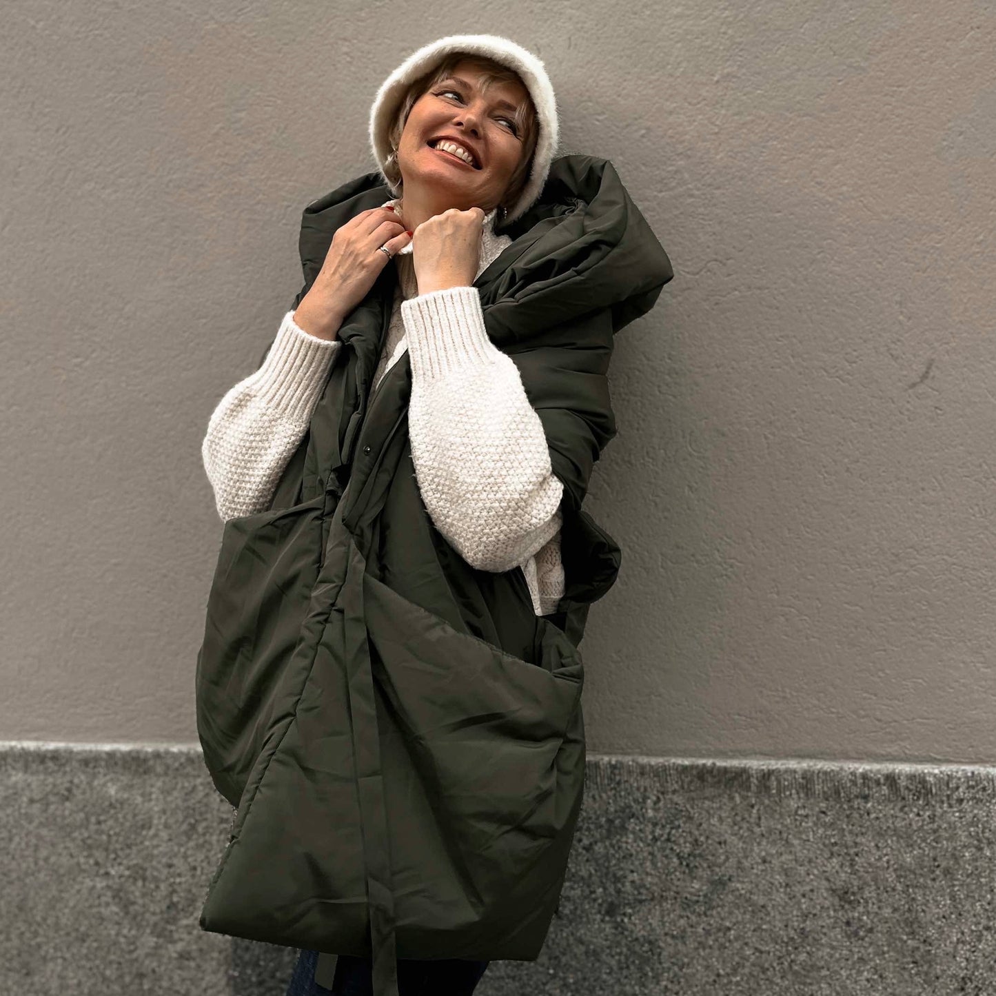 Khaki Down vest with detachable hood