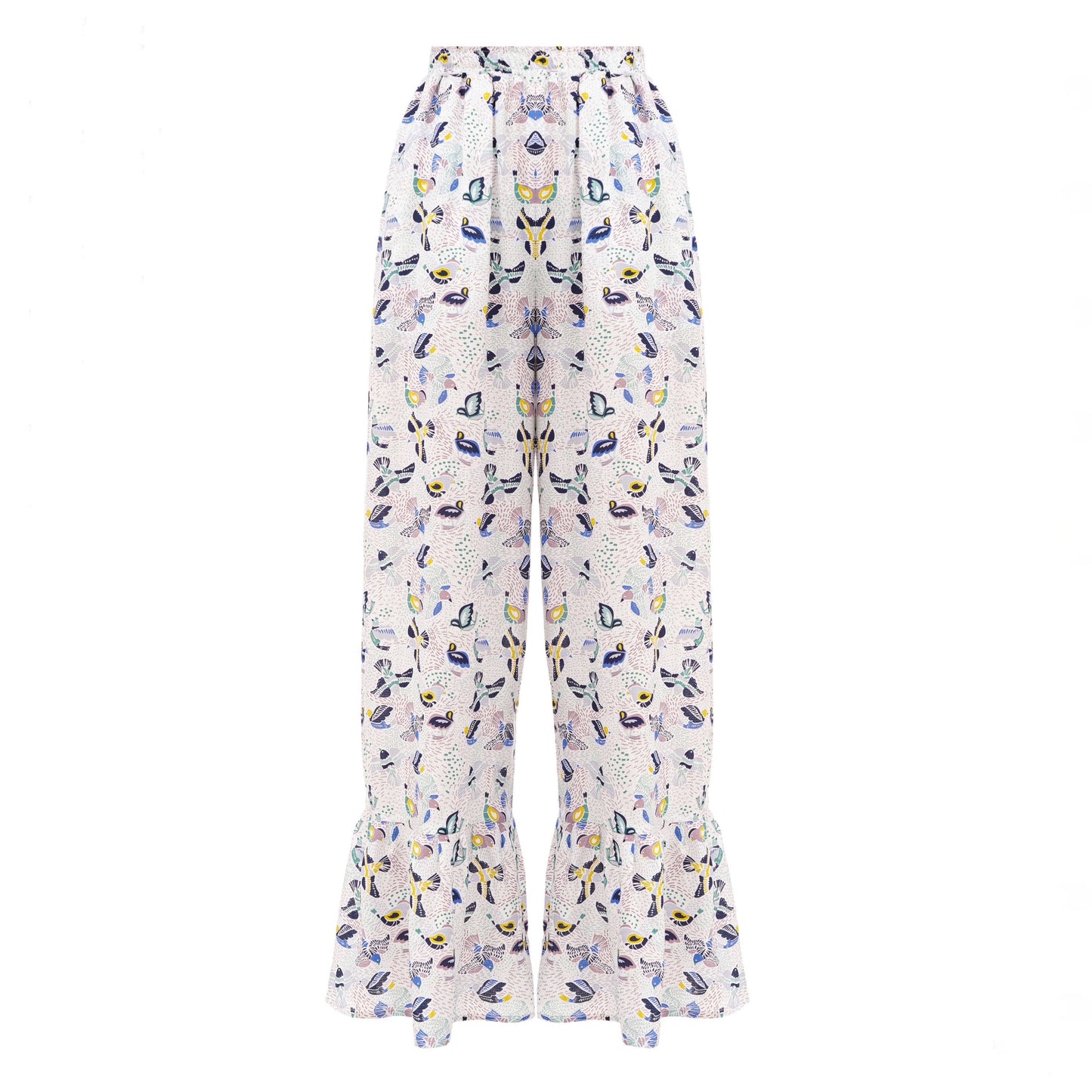 Pants with flounces a bird print