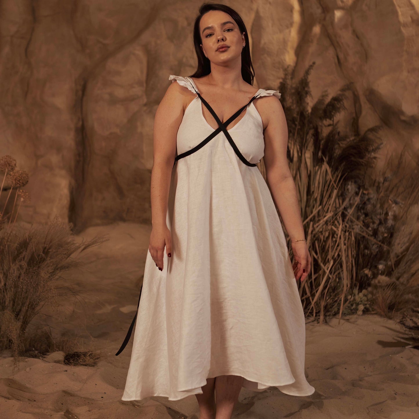 Dress with ribbons in organic linen