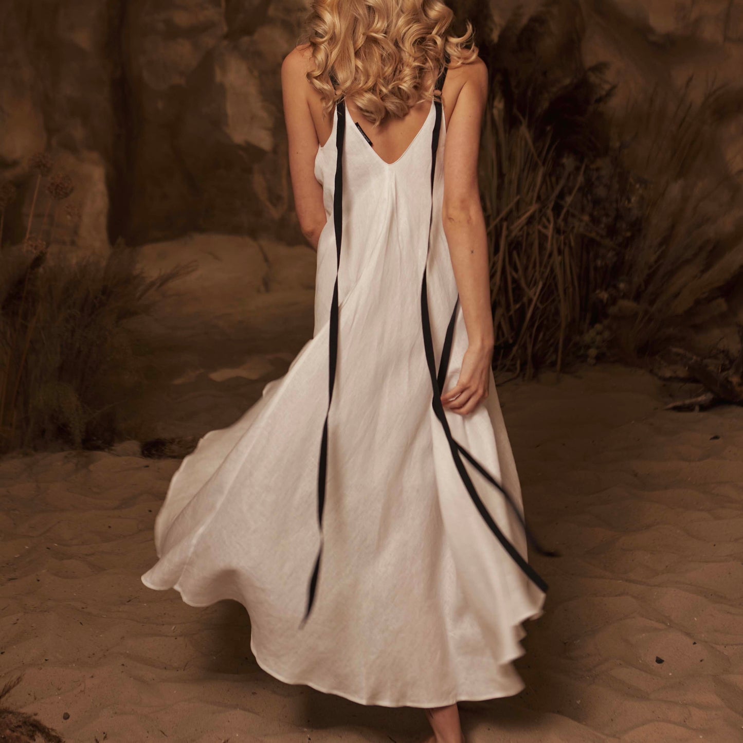 Dress with ribbons in organic linen