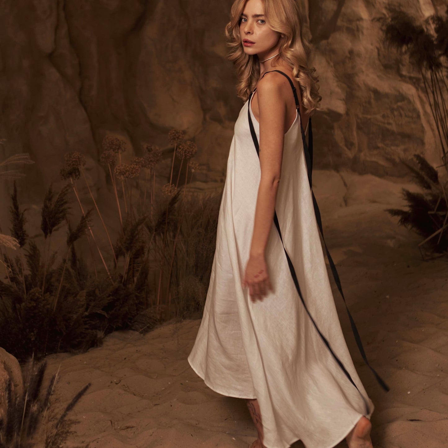Dress with ribbons in organic linen