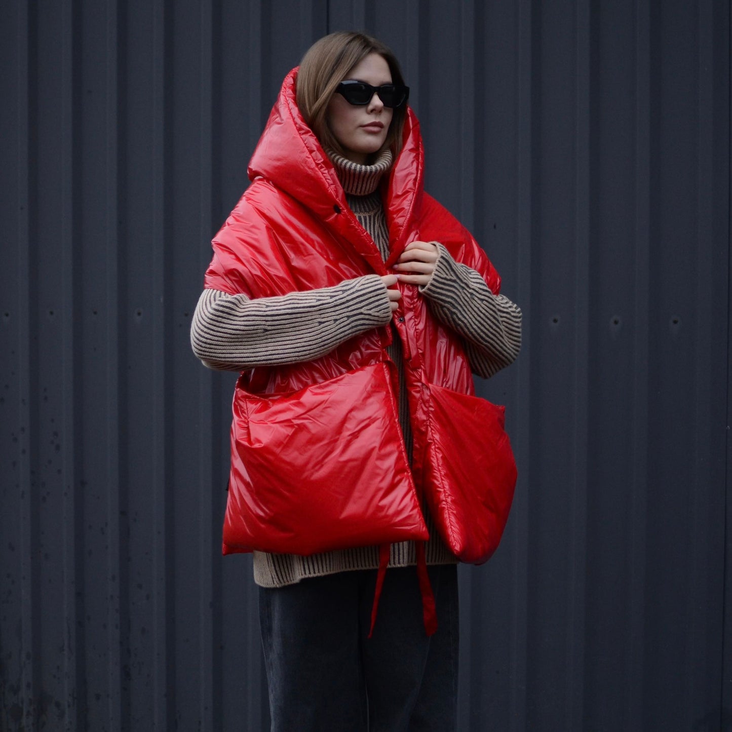 Red Down vest «RougeLove» with detachable hood