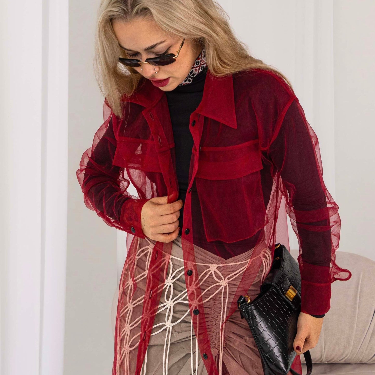 Elongated transparent marsala shirt