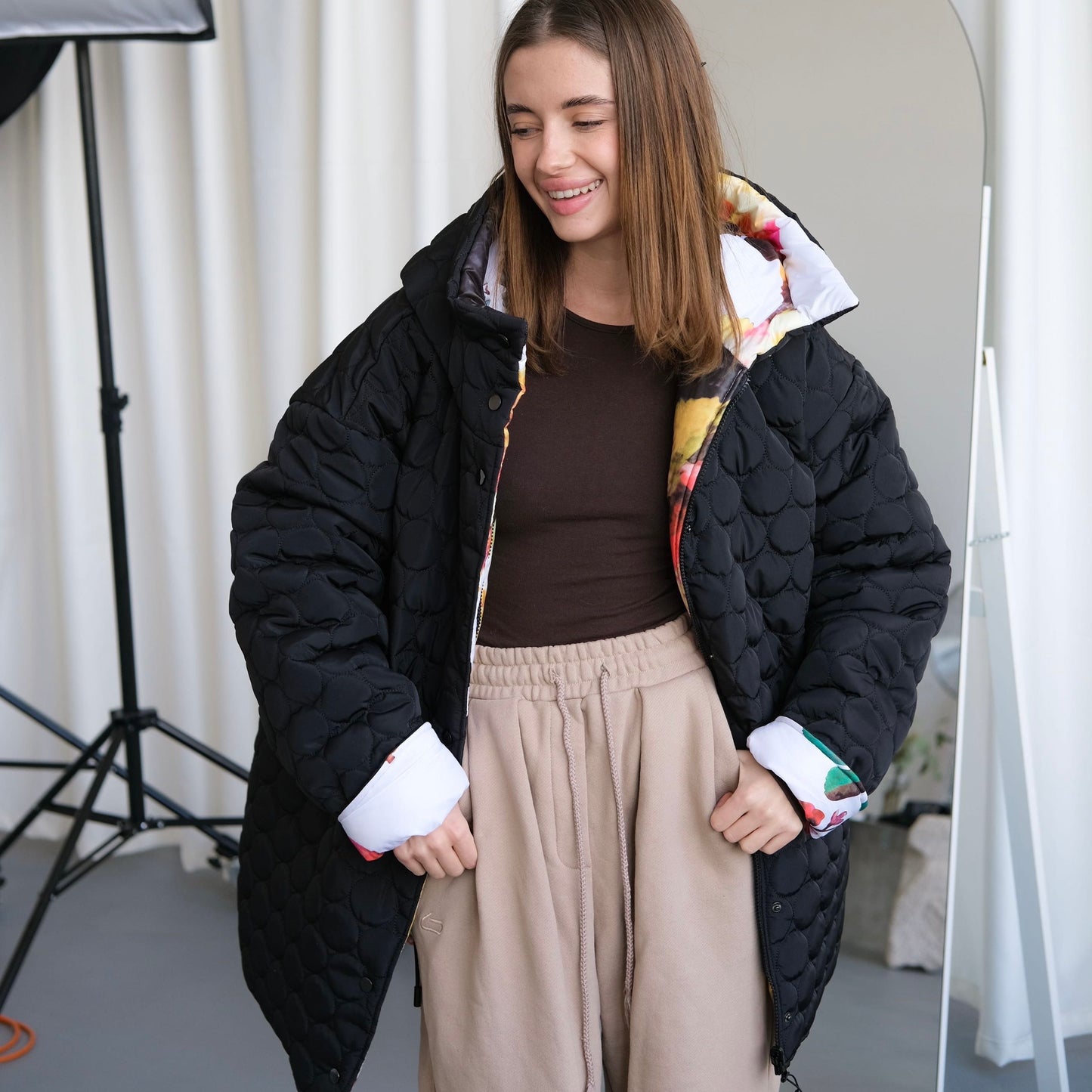 Winter double-sided jacket flower/black