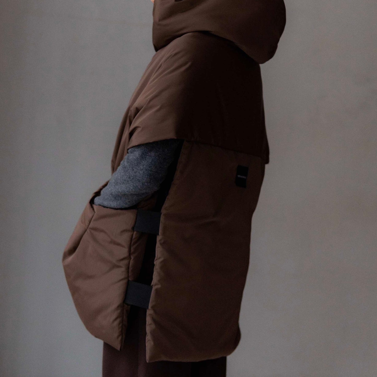 Chocolate Down vest with detachable hood