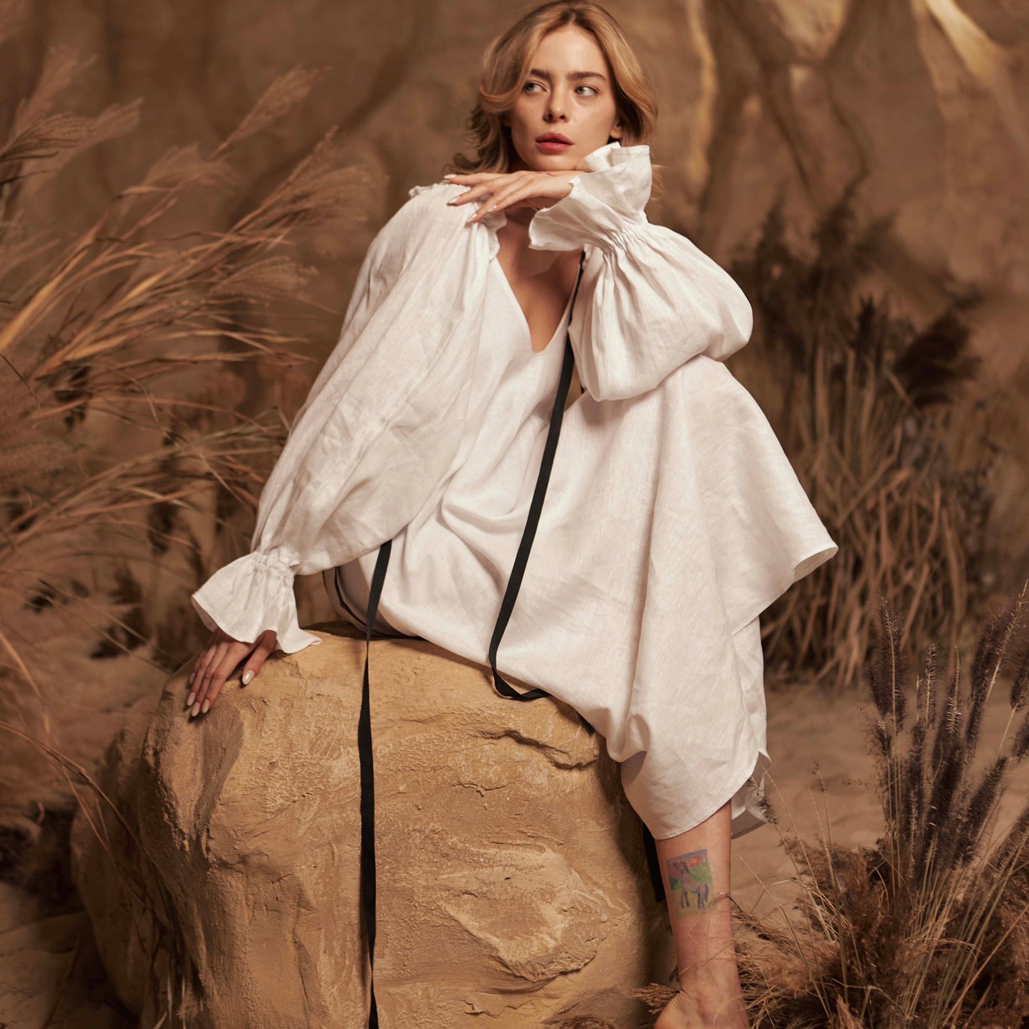 Dress with ribbons in organic linen