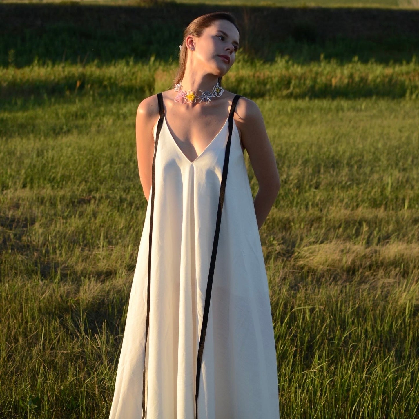 White cotton dress with ribbons height from 170cm +