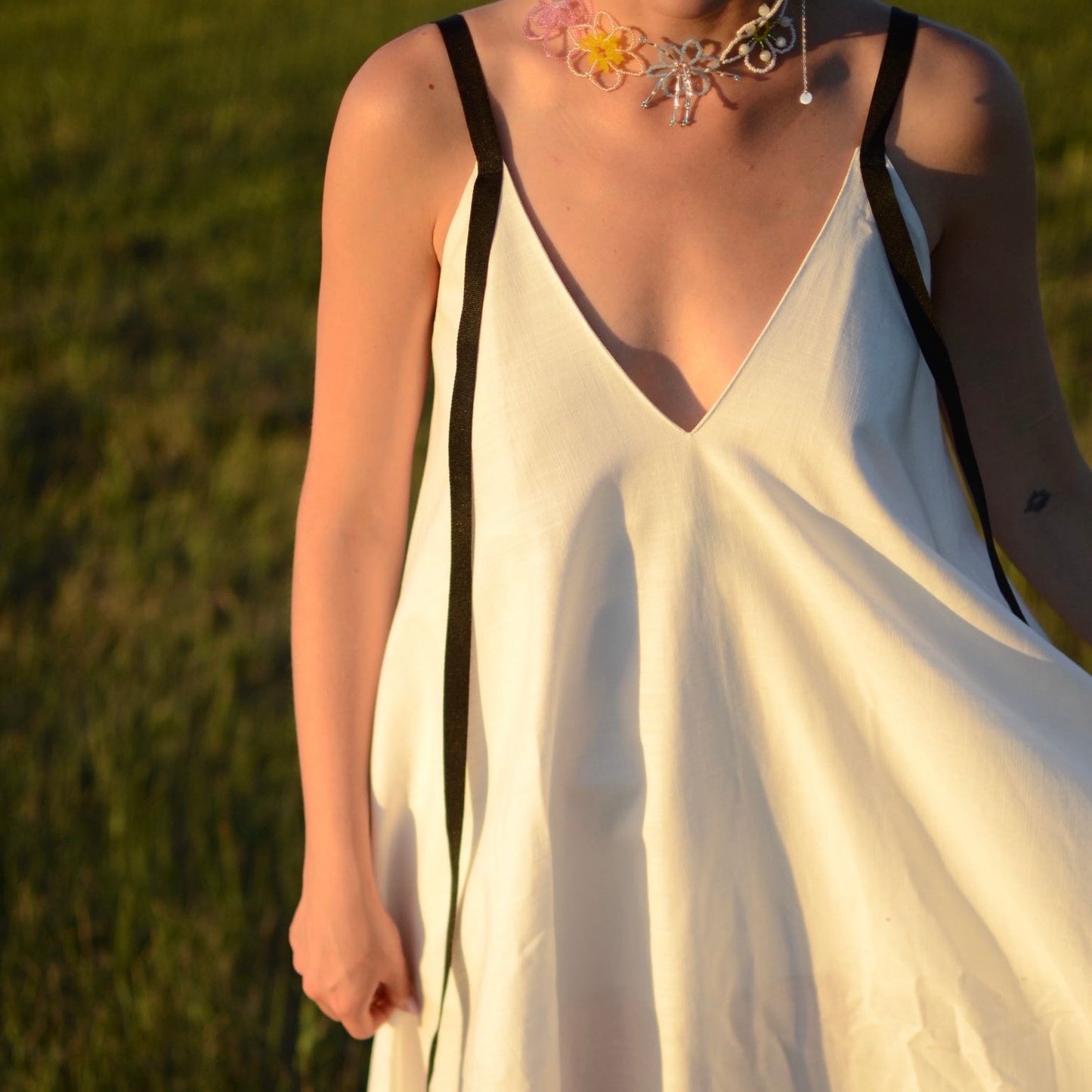 White cotton dress with ribbons height from 170cm +