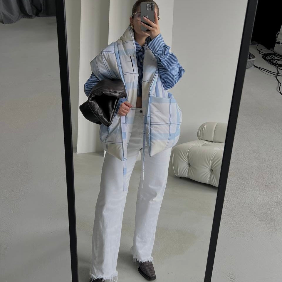 Light blue check Down vest with detachable hood