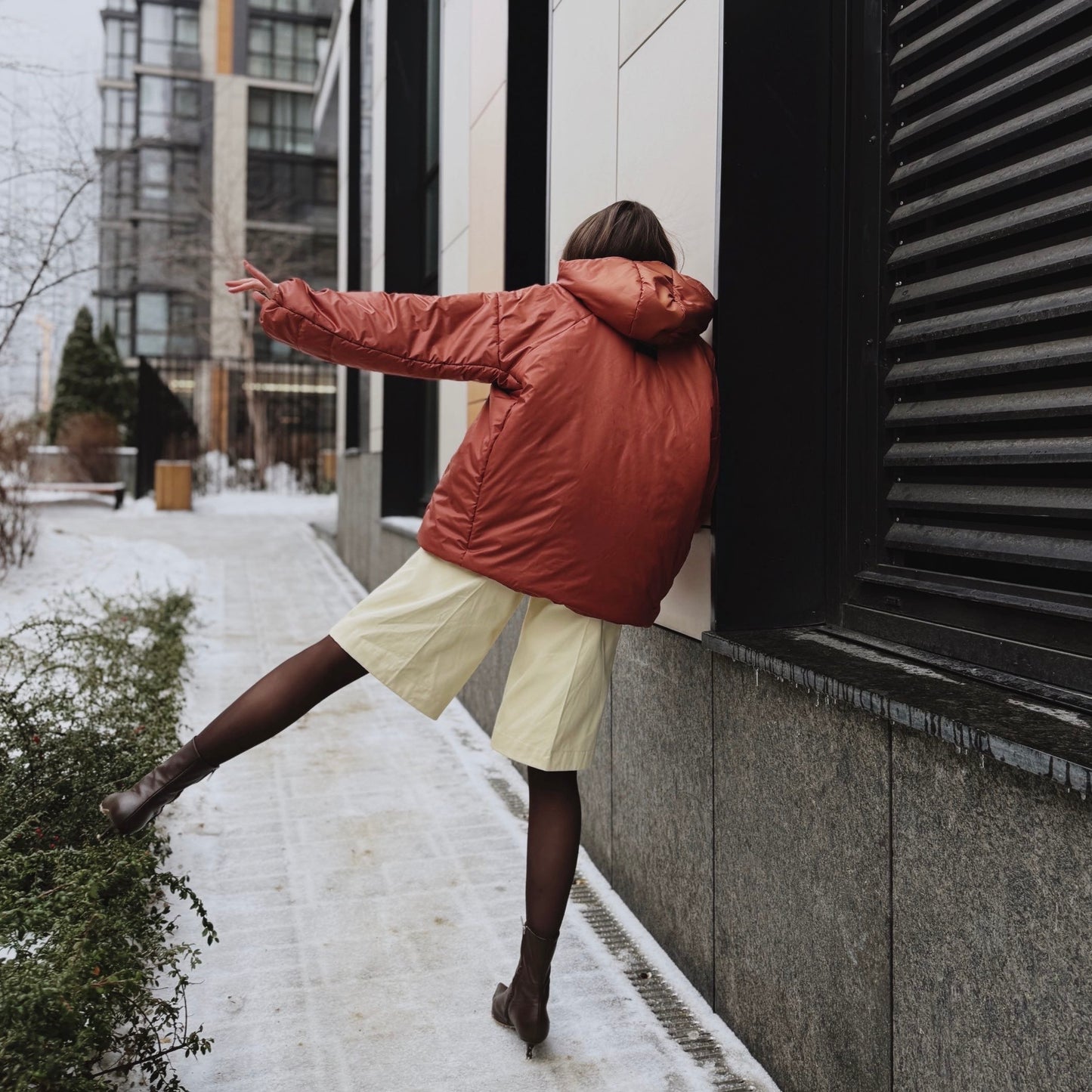 Down jacket "Little duck" in terracotta with detachable bows and removable hood