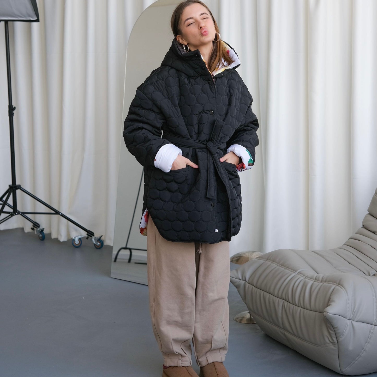 Winter double-sided jacket flower/black