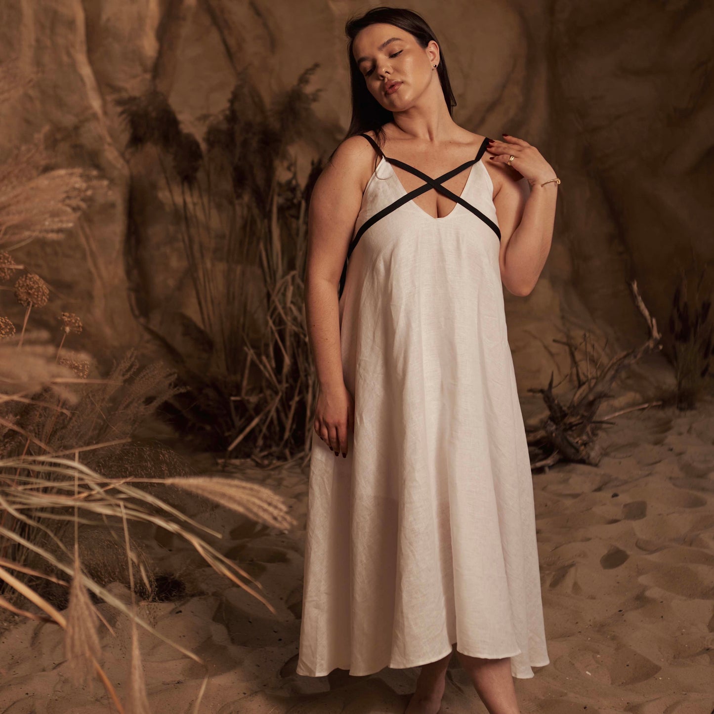 Dress with ribbons in organic linen