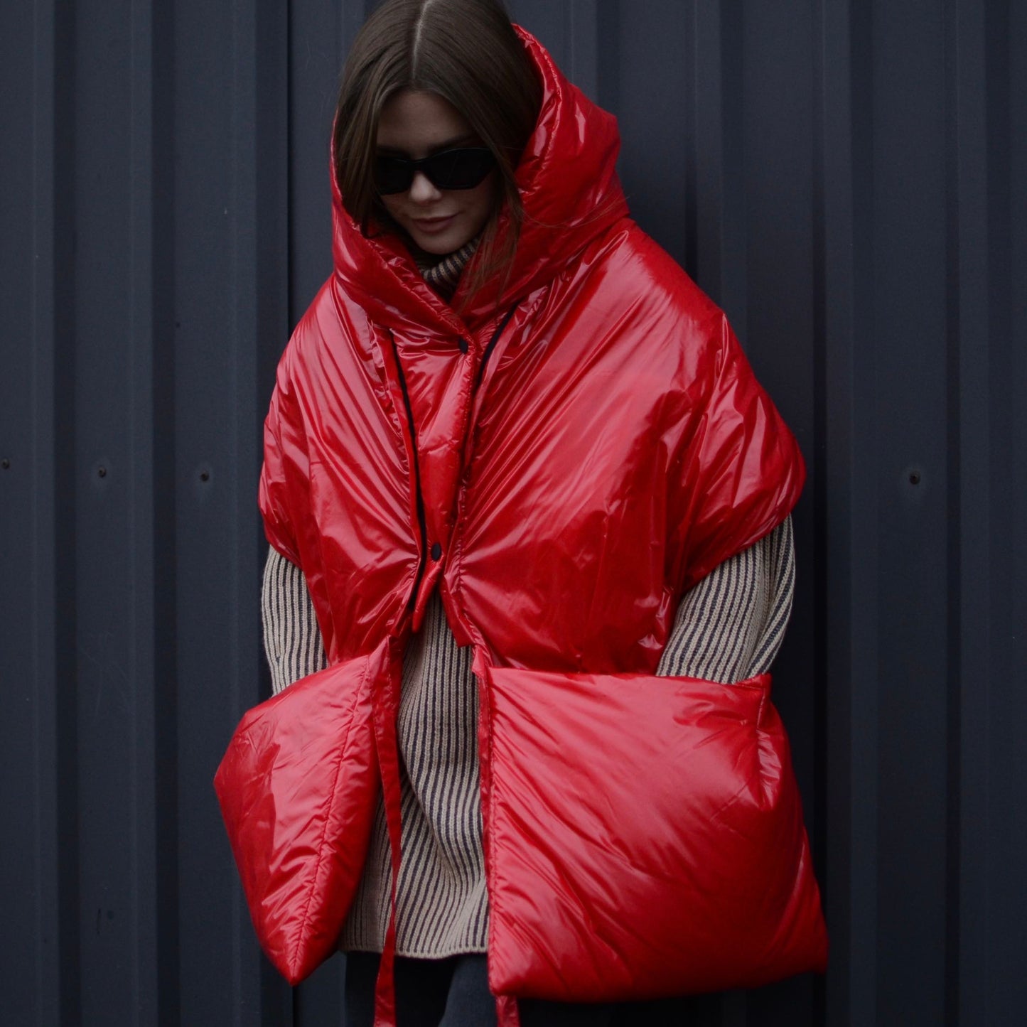 Red Down vest «RougeLove» with detachable hood