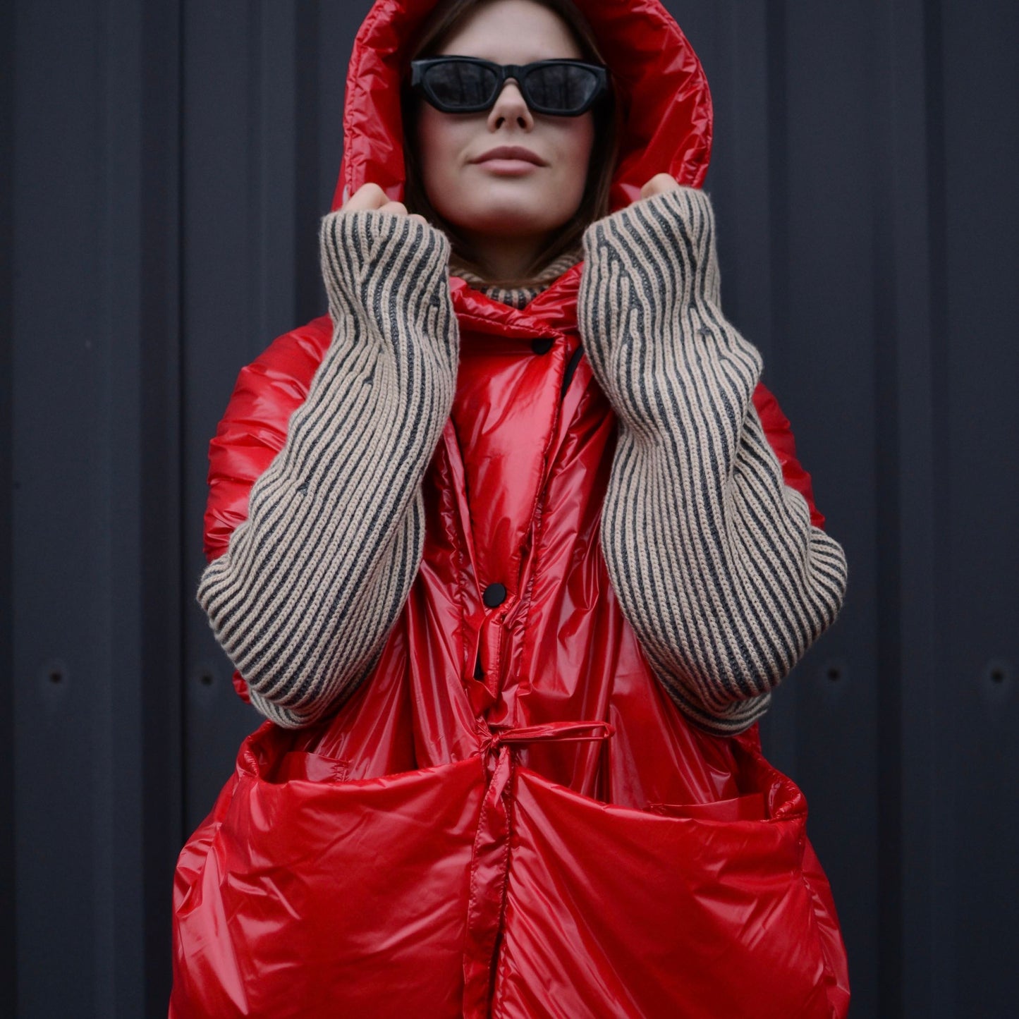 Red Down vest «RougeLove» with detachable hood