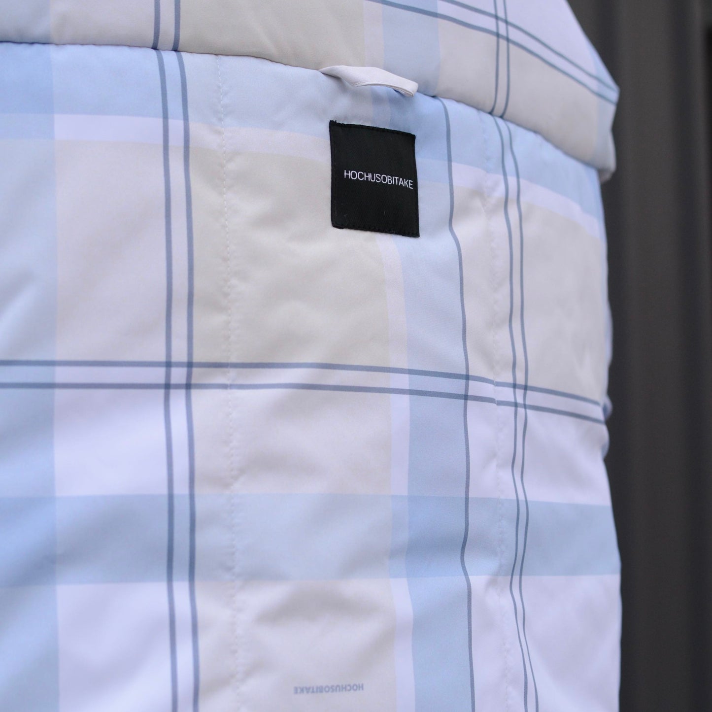 Light blue check Down vest with detachable hood