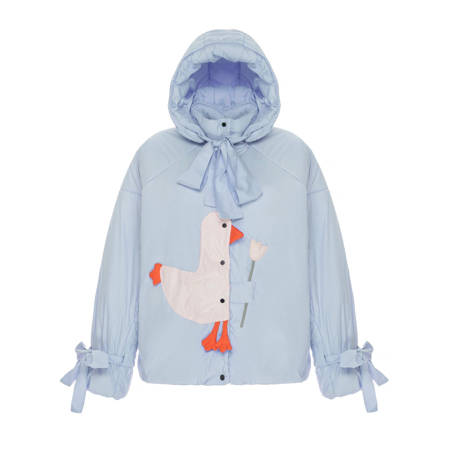 Down jacket "Little duck" in blue with detachable bows and removable hood