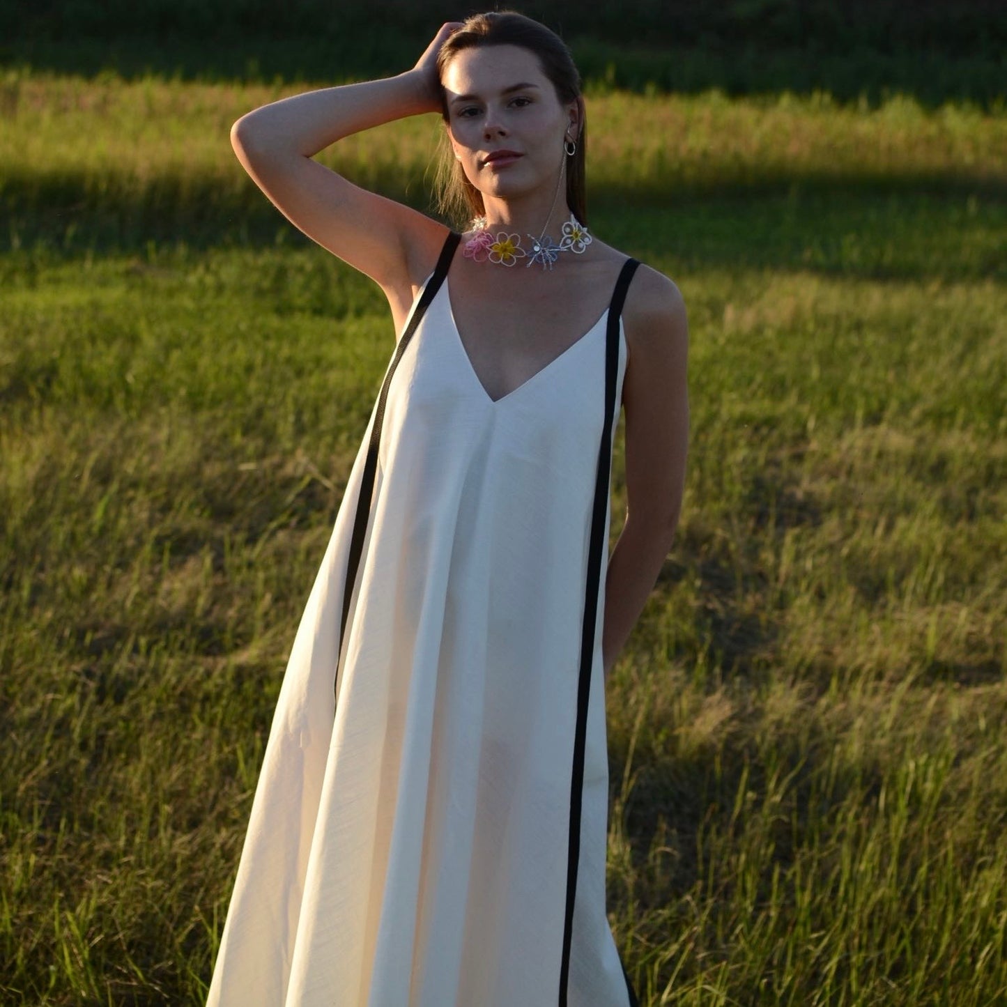 White cotton dress with ribbons height from 170cm +