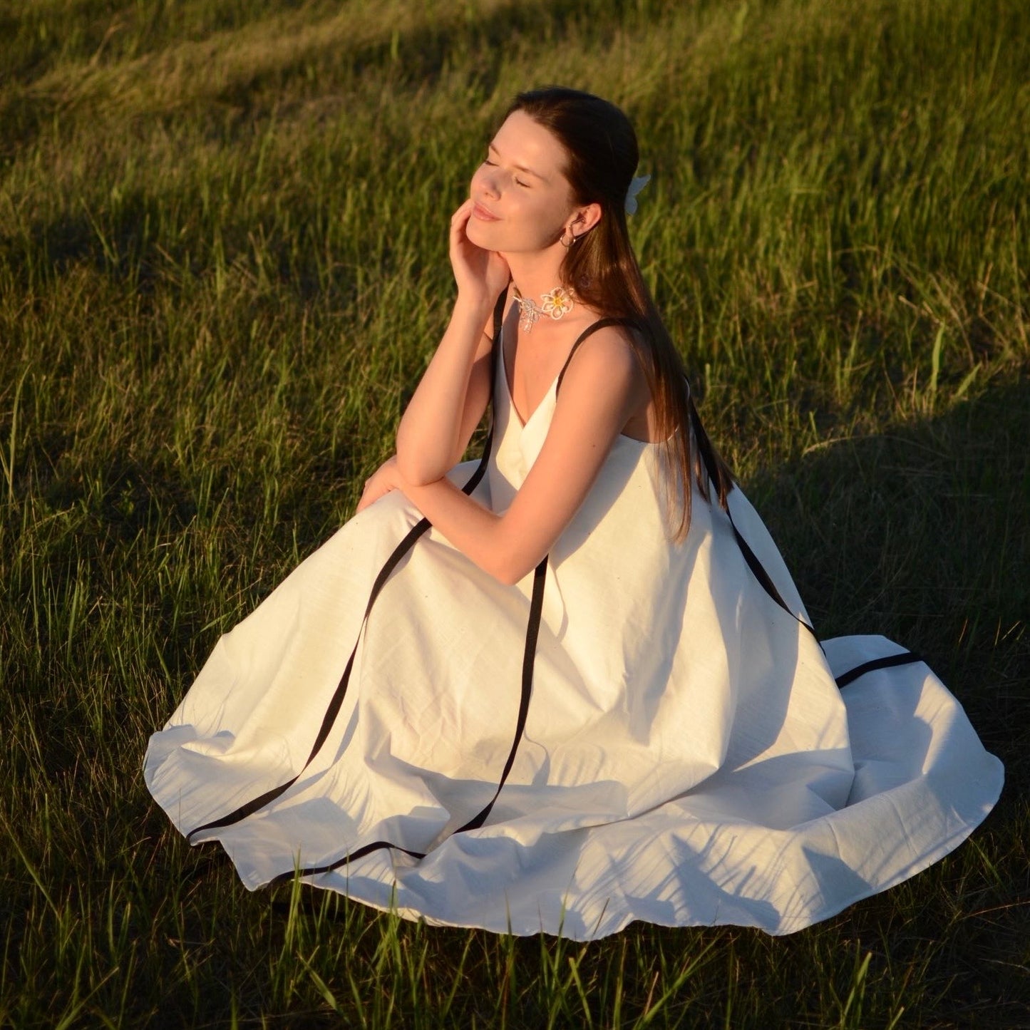 White cotton dress with ribbons height from 170cm +