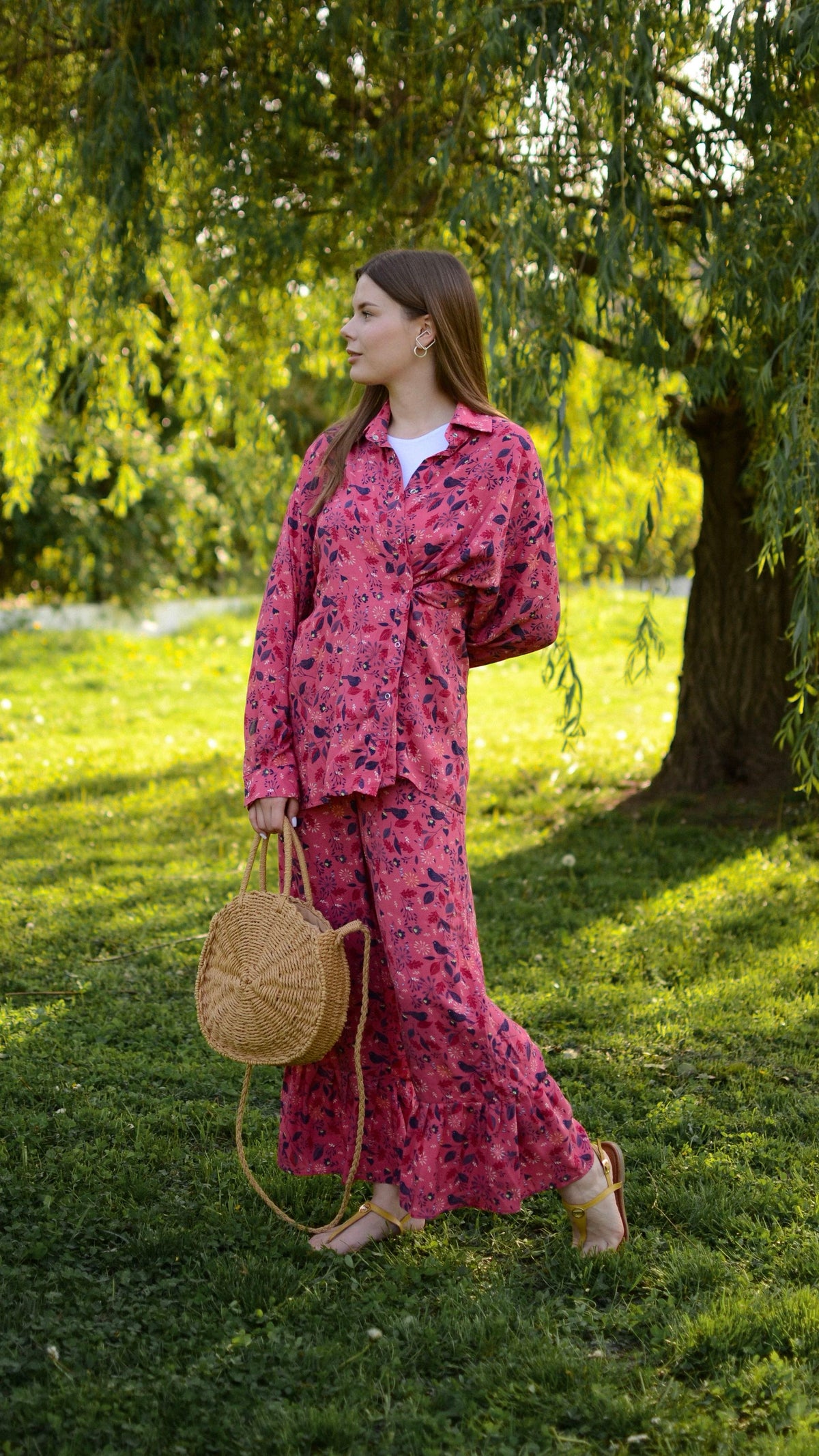 Pants with a print "Crimson birds"