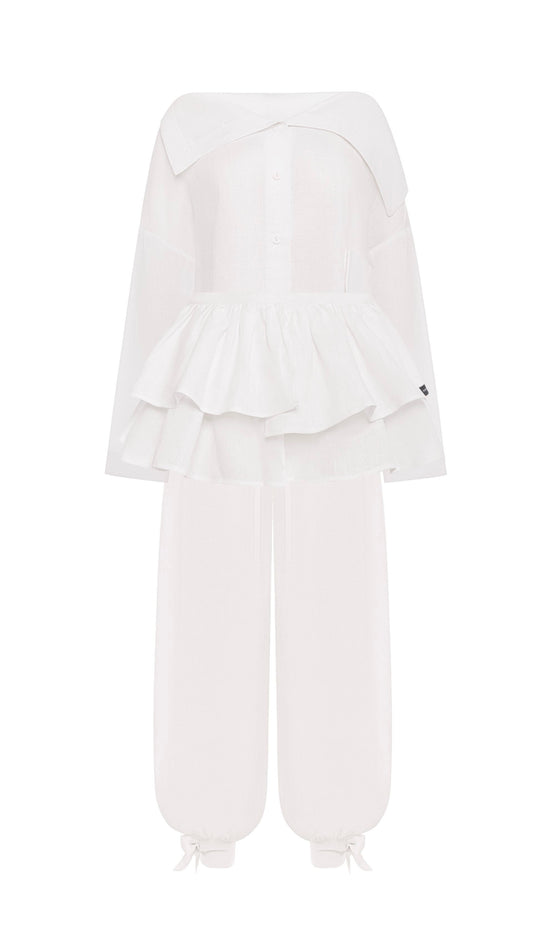 Asymmetrical shirt+ bloomers pants organic linen