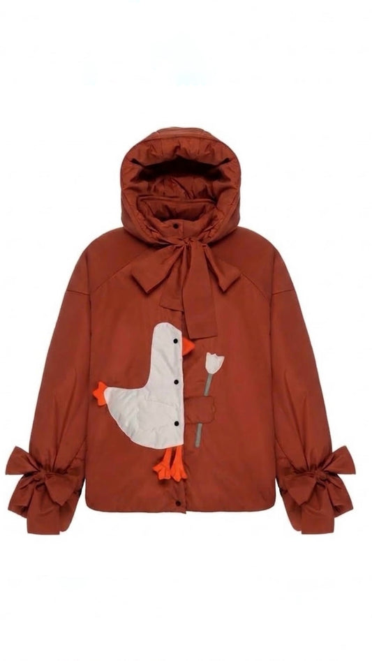 Down jacket "Little duck" in terracotta with detachable bows and removable hood