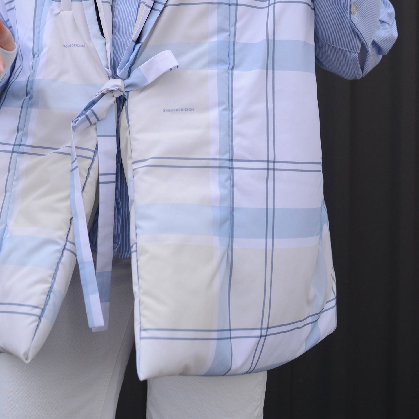 Light blue check Down vest with detachable hood