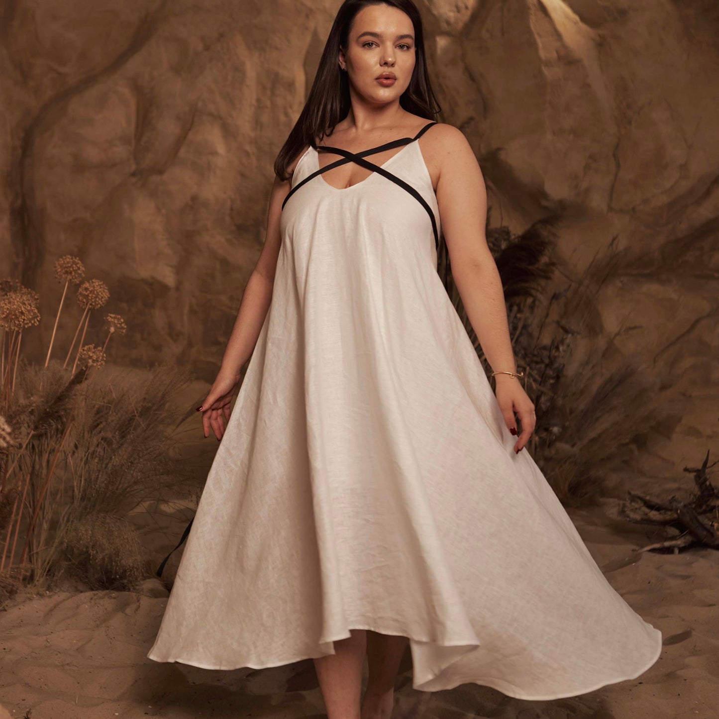 Dress with ribbons in organic linen