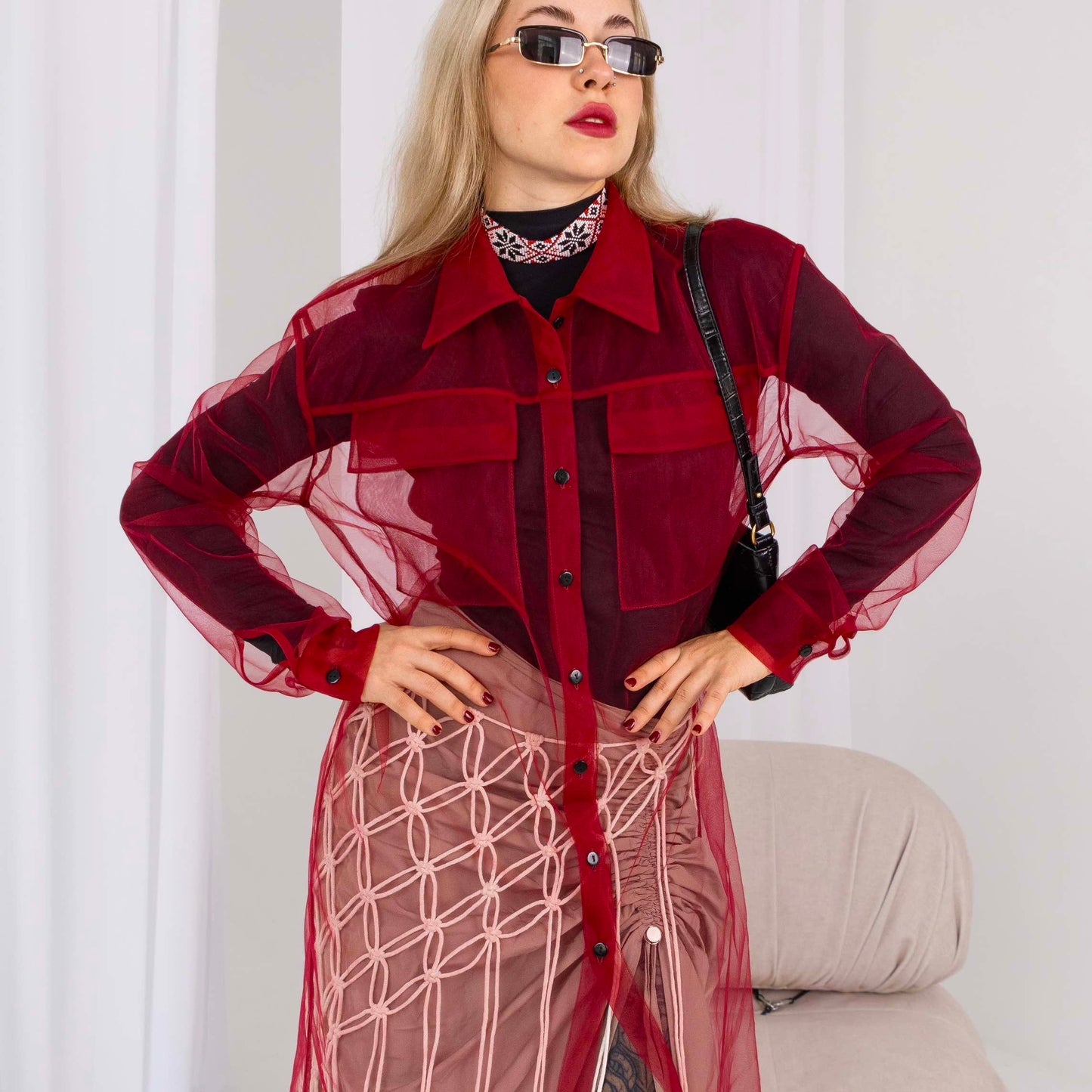 Elongated transparent marsala shirt