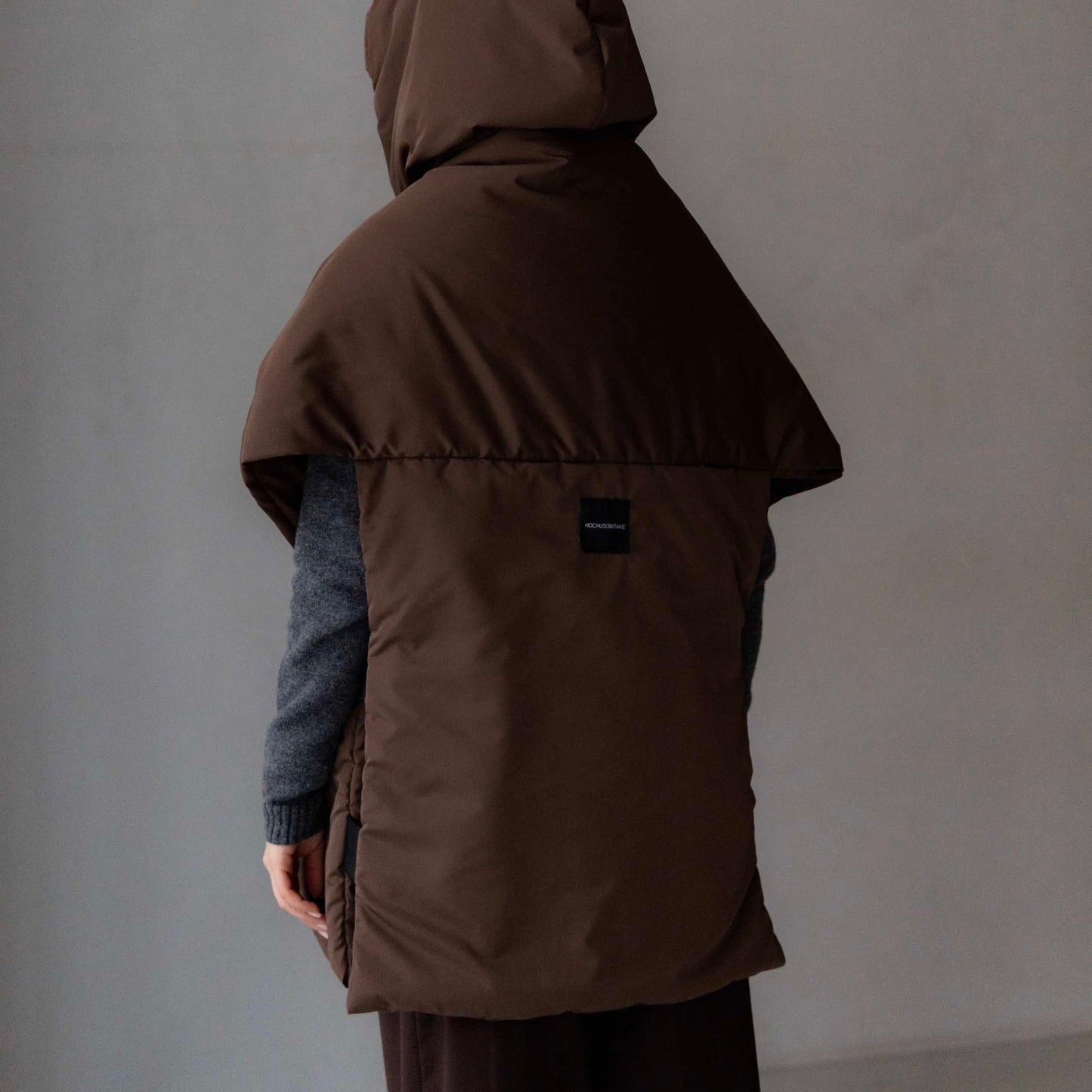 Chocolate Down vest with detachable hood