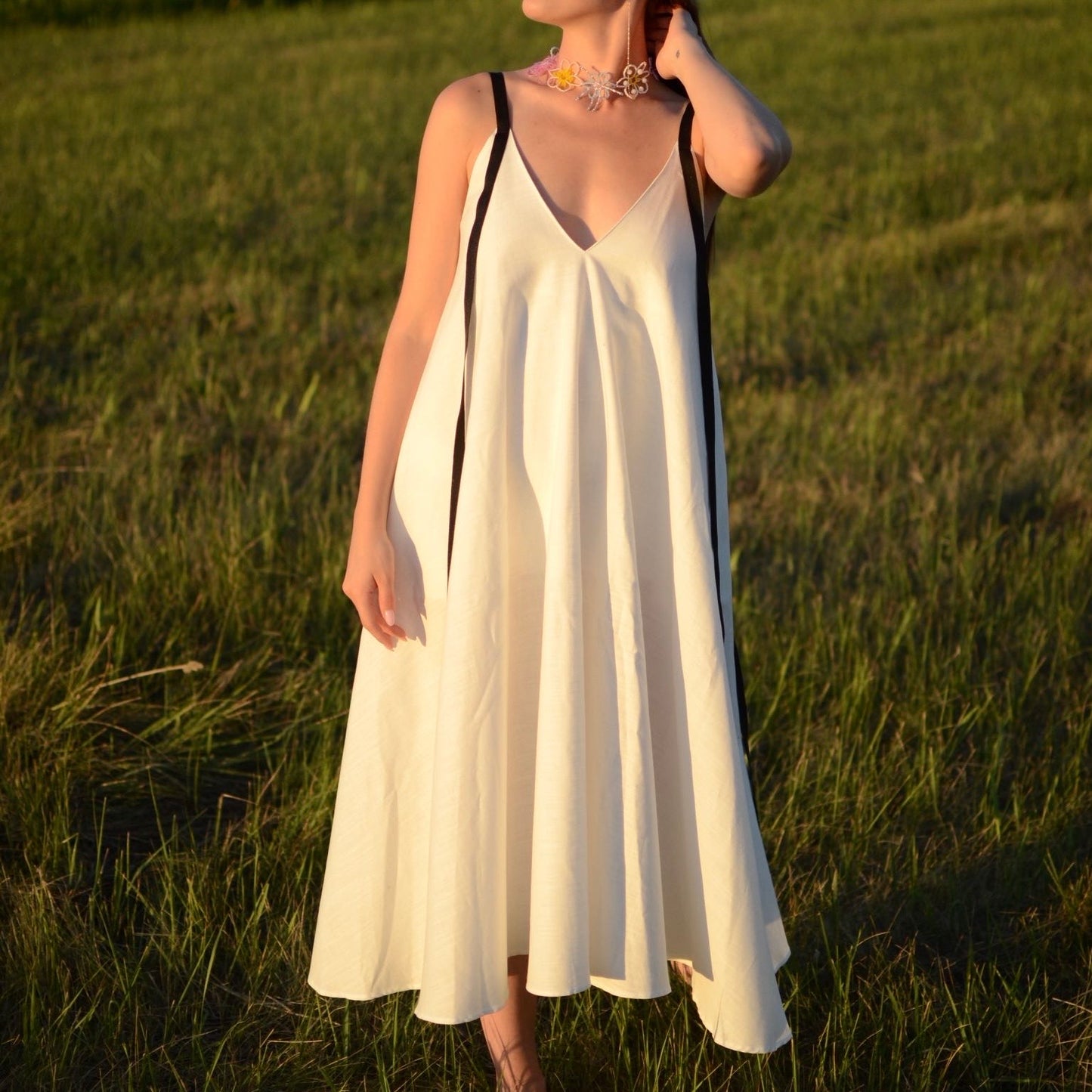 White cotton dress with ribbons height from 170cm +