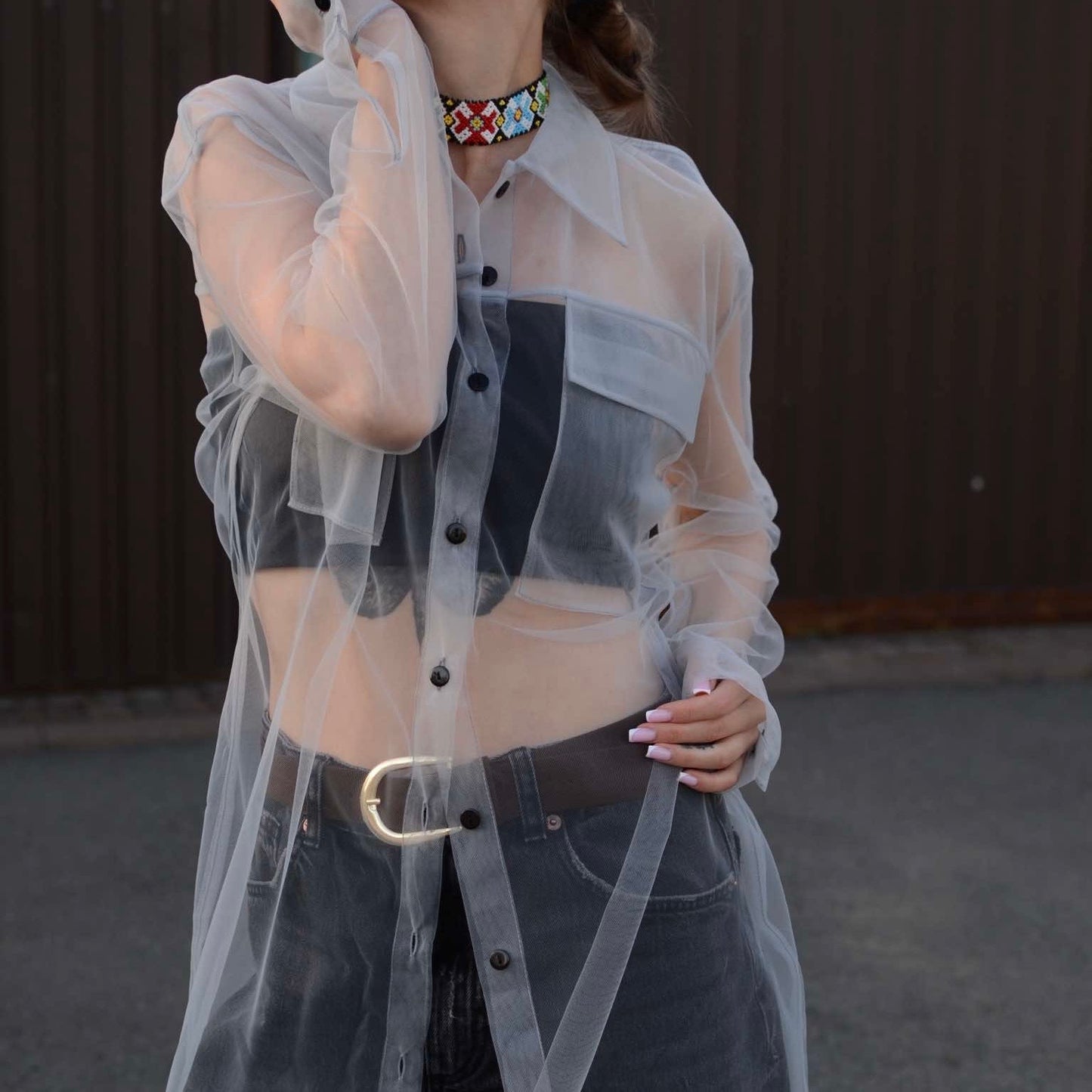 Elongated transparent gray shirt