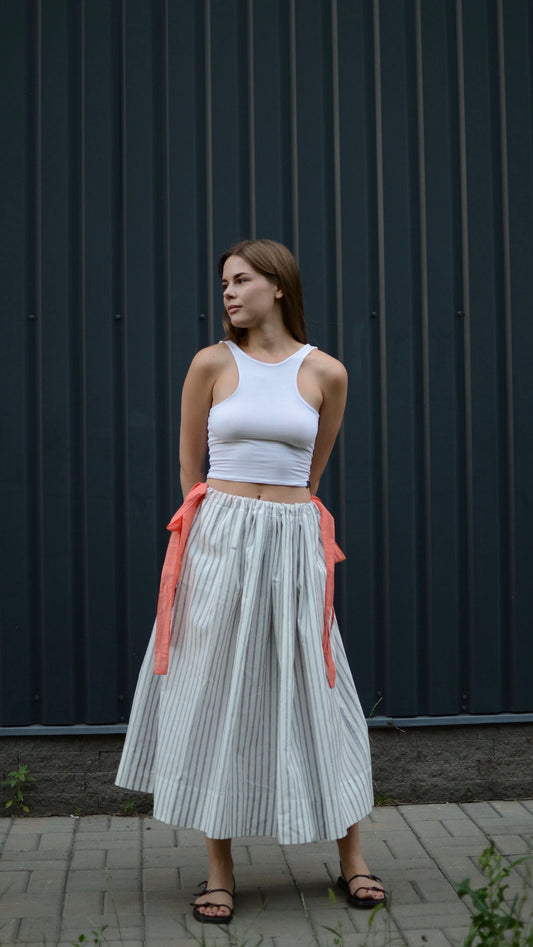 One-size cotton striped skirt with coral ribbons