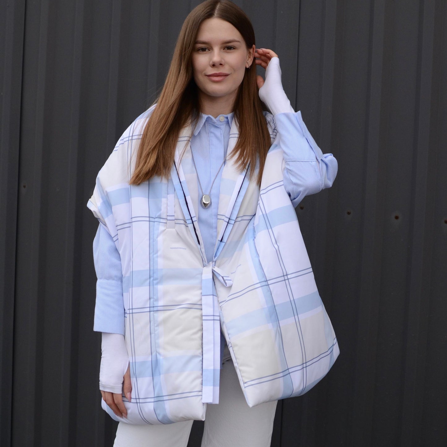 Light blue check Down vest with detachable hood