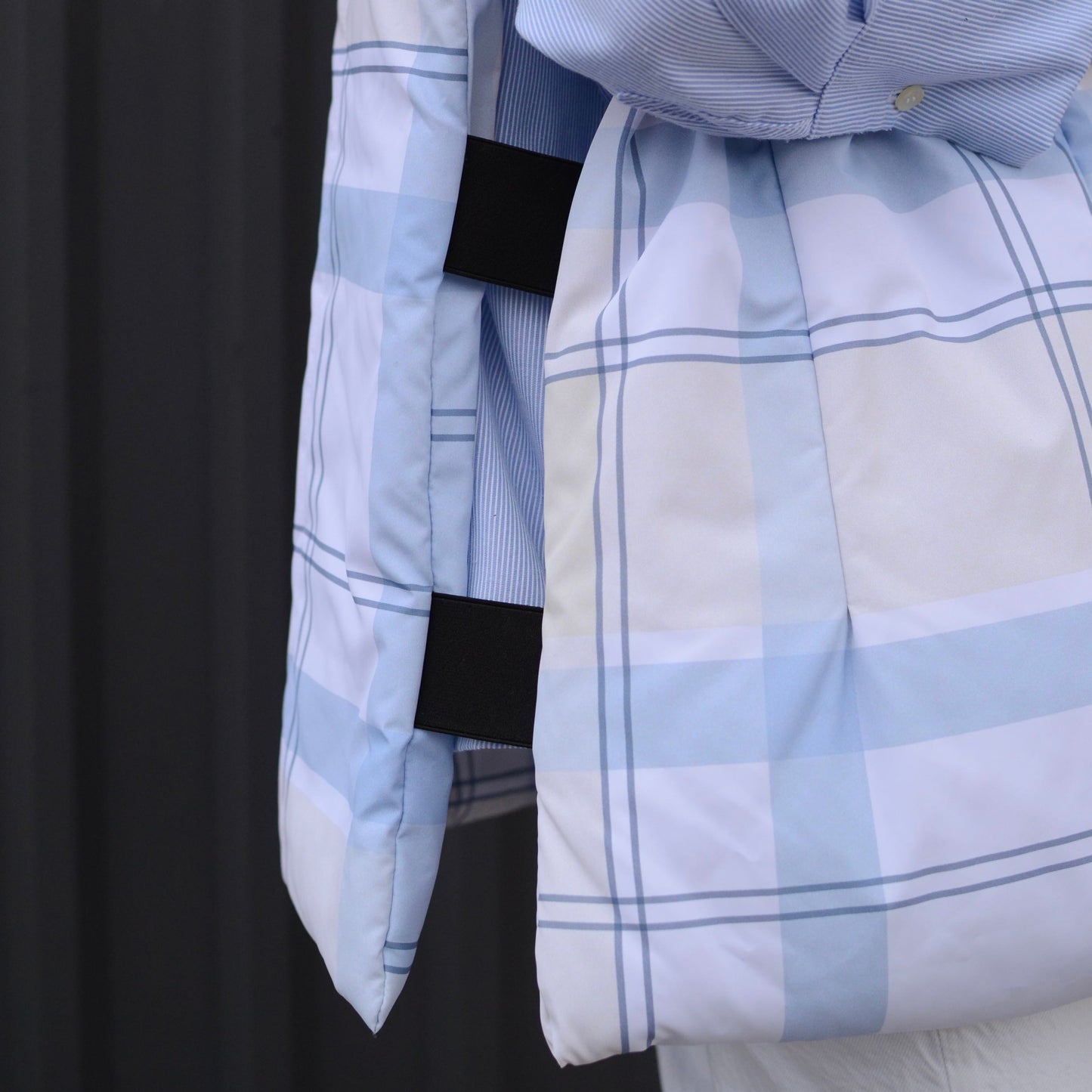 Light blue check Down vest with detachable hood