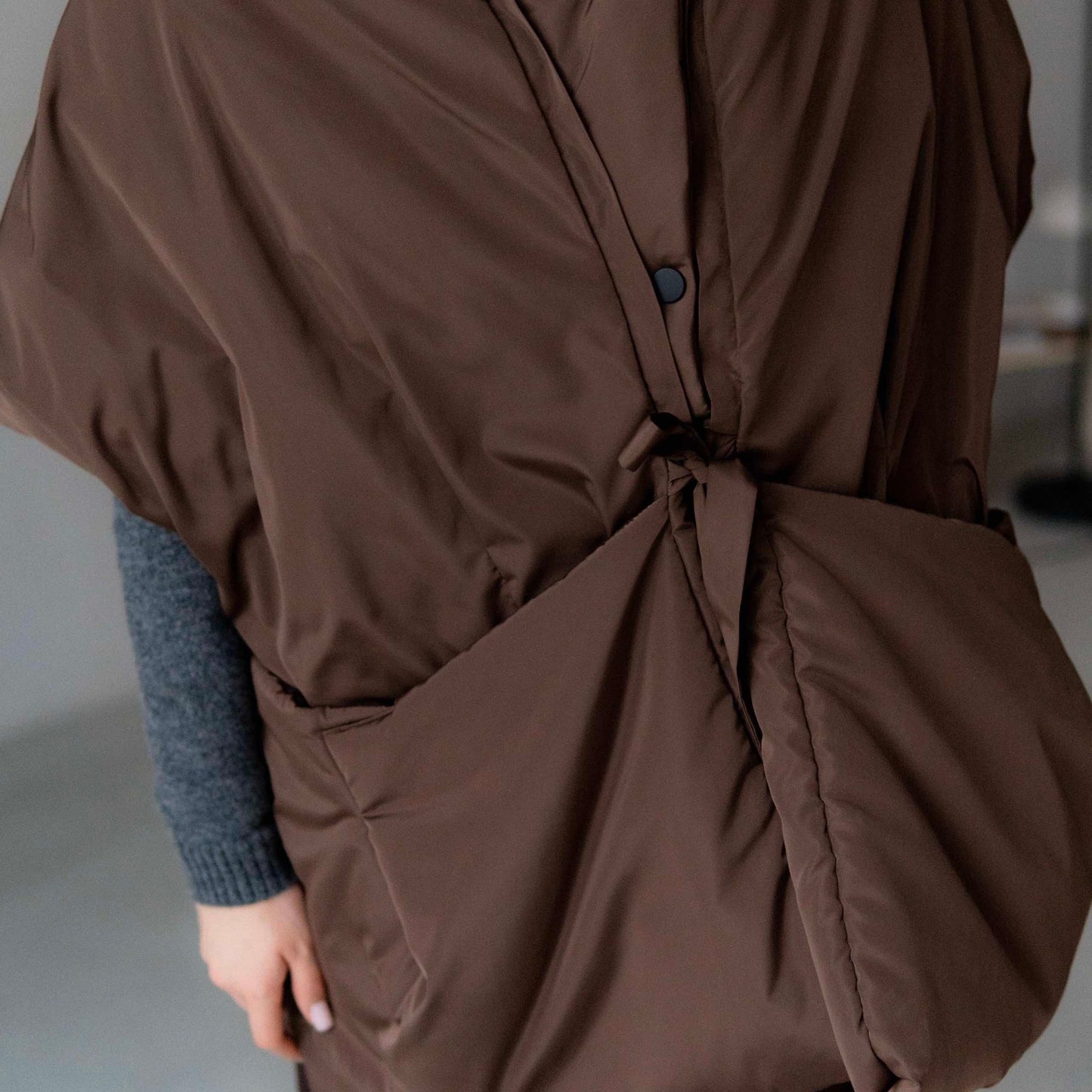 Chocolate Down vest with detachable hood