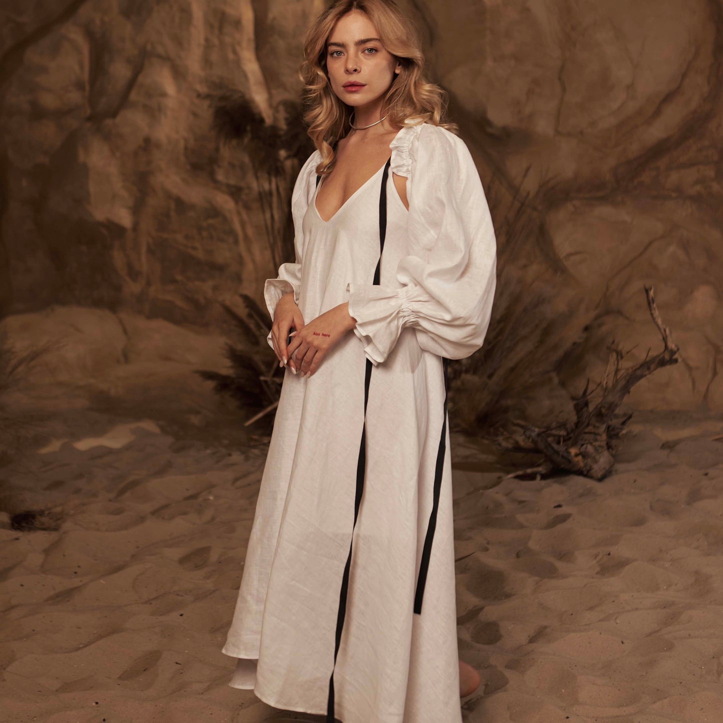 Dress with ribbons in organic linen