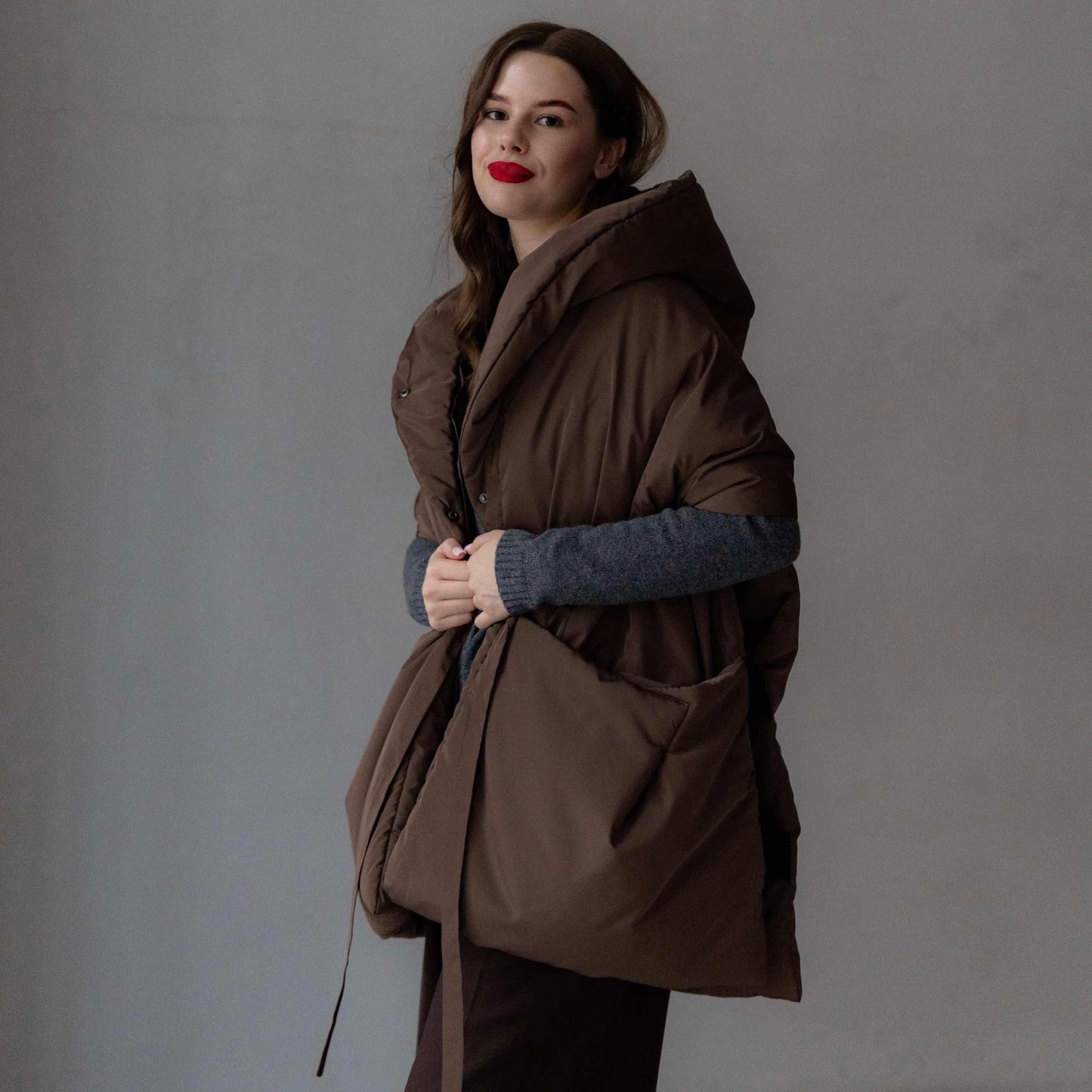 Chocolate Down vest with detachable hood