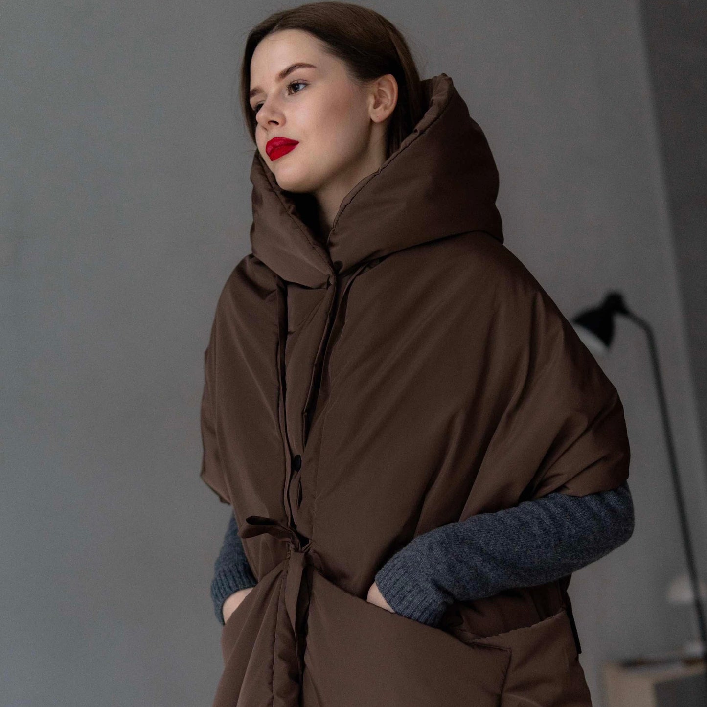 Chocolate Down vest with detachable hood