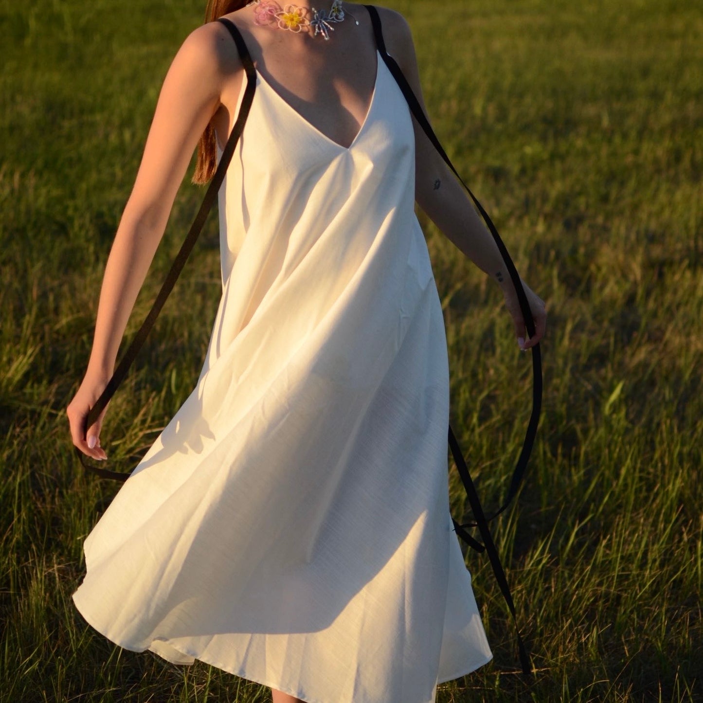 White cotton dress with ribbons height from 170cm +