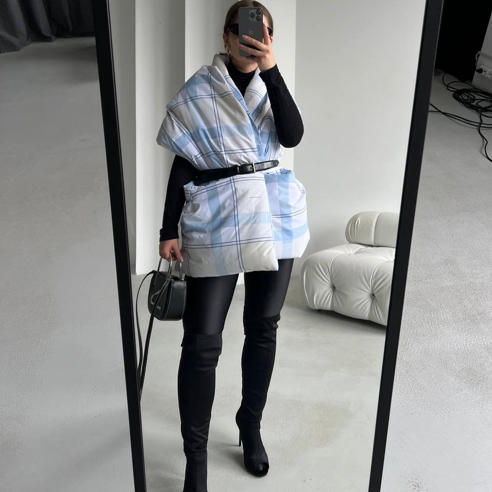 Light blue check Down vest with detachable hood