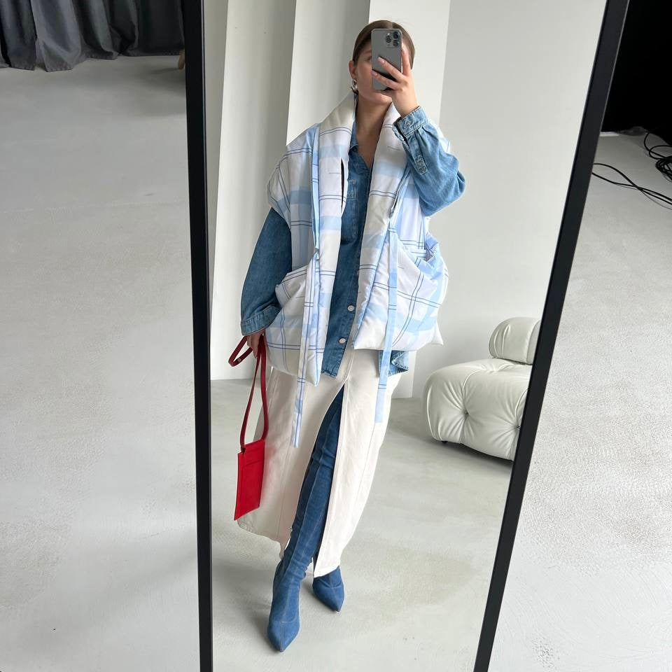 Light blue check Down vest with detachable hood