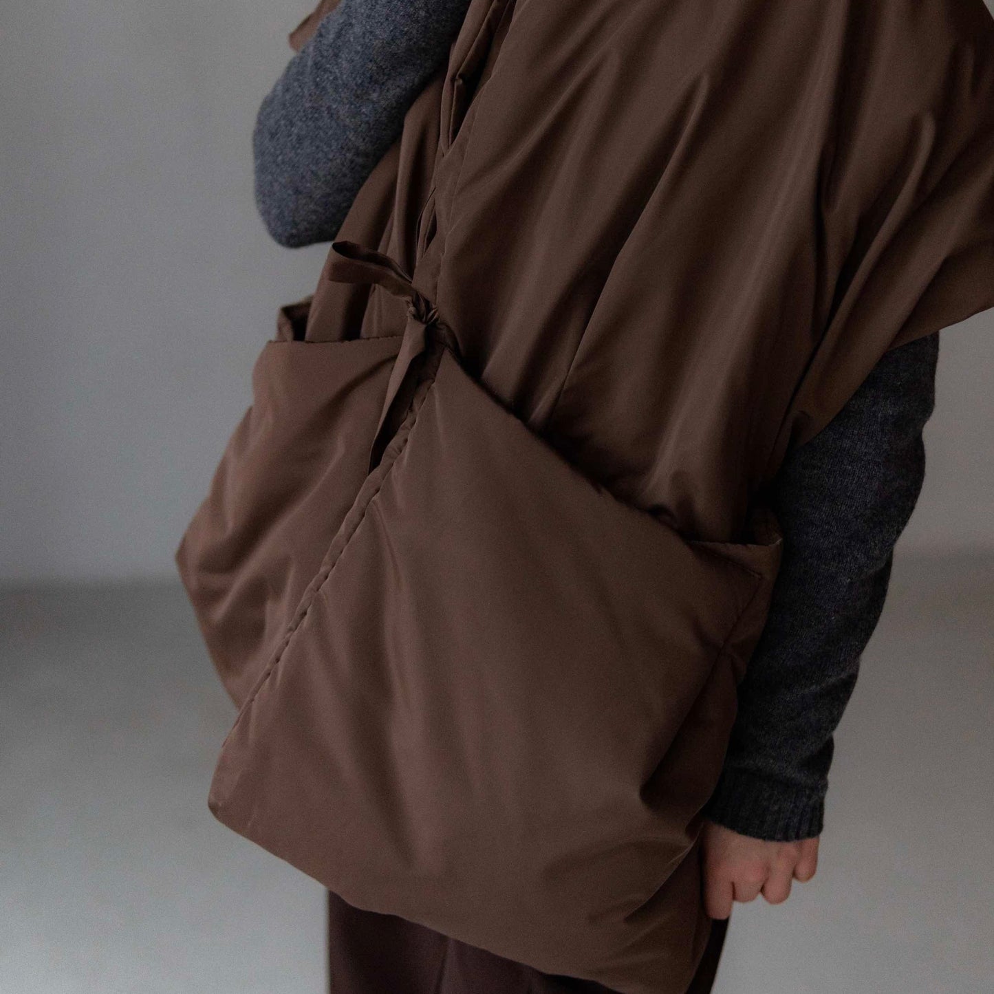 Chocolate Down vest with detachable hood