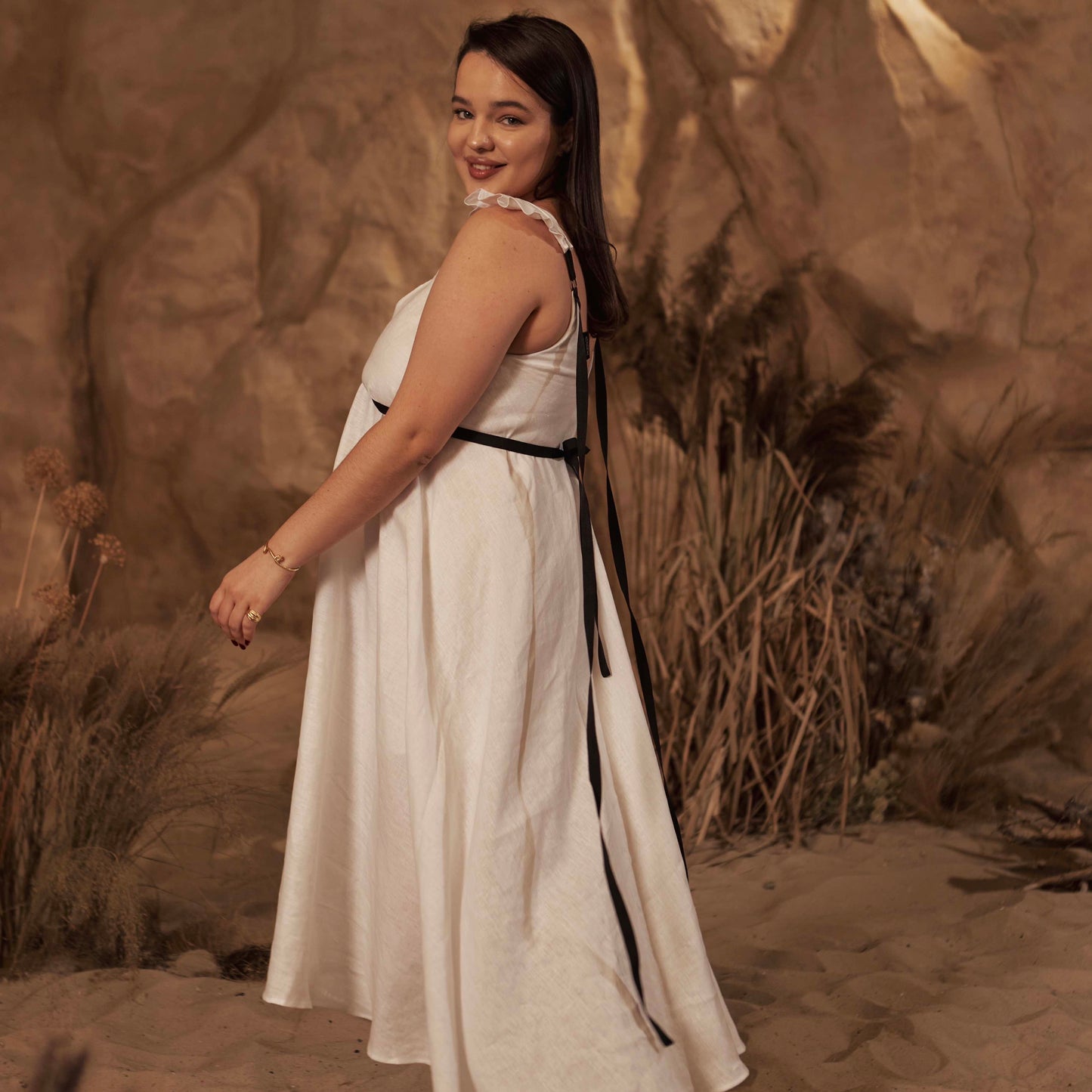 Dress with ribbons in organic linen