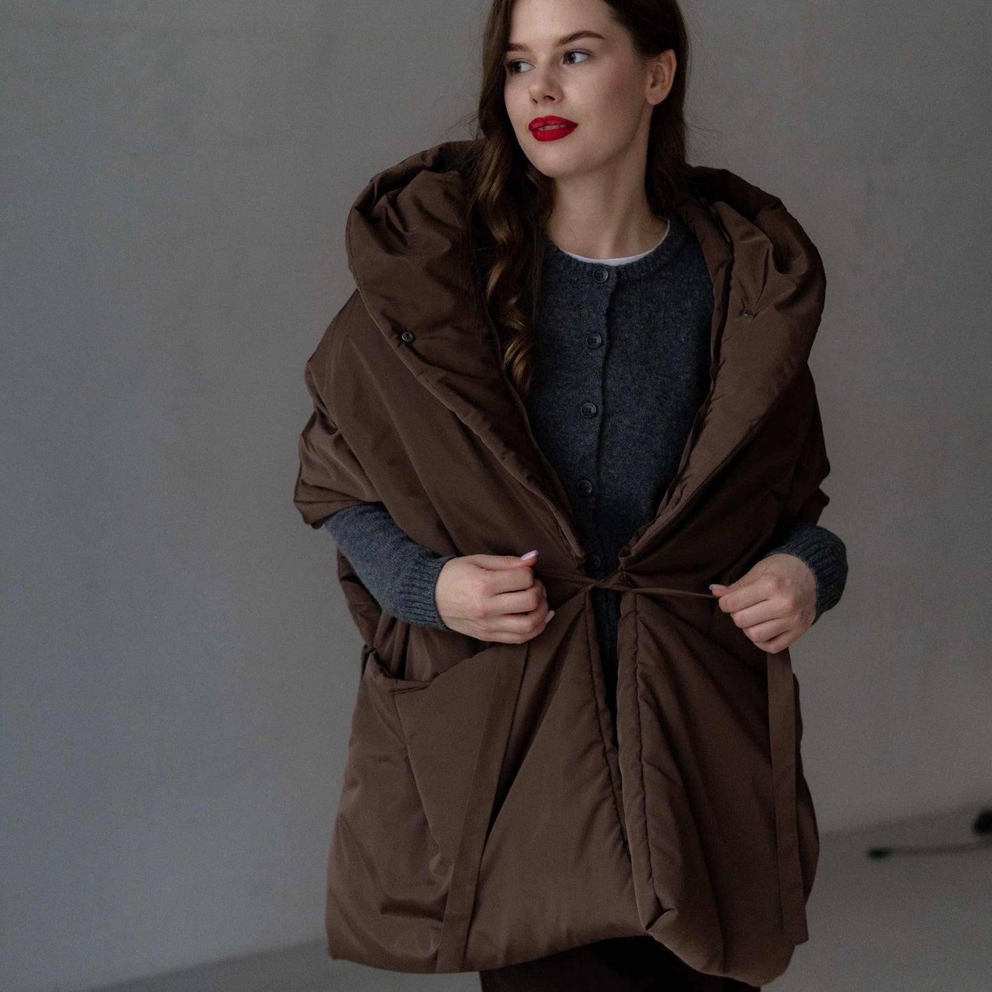 Chocolate Down vest with detachable hood